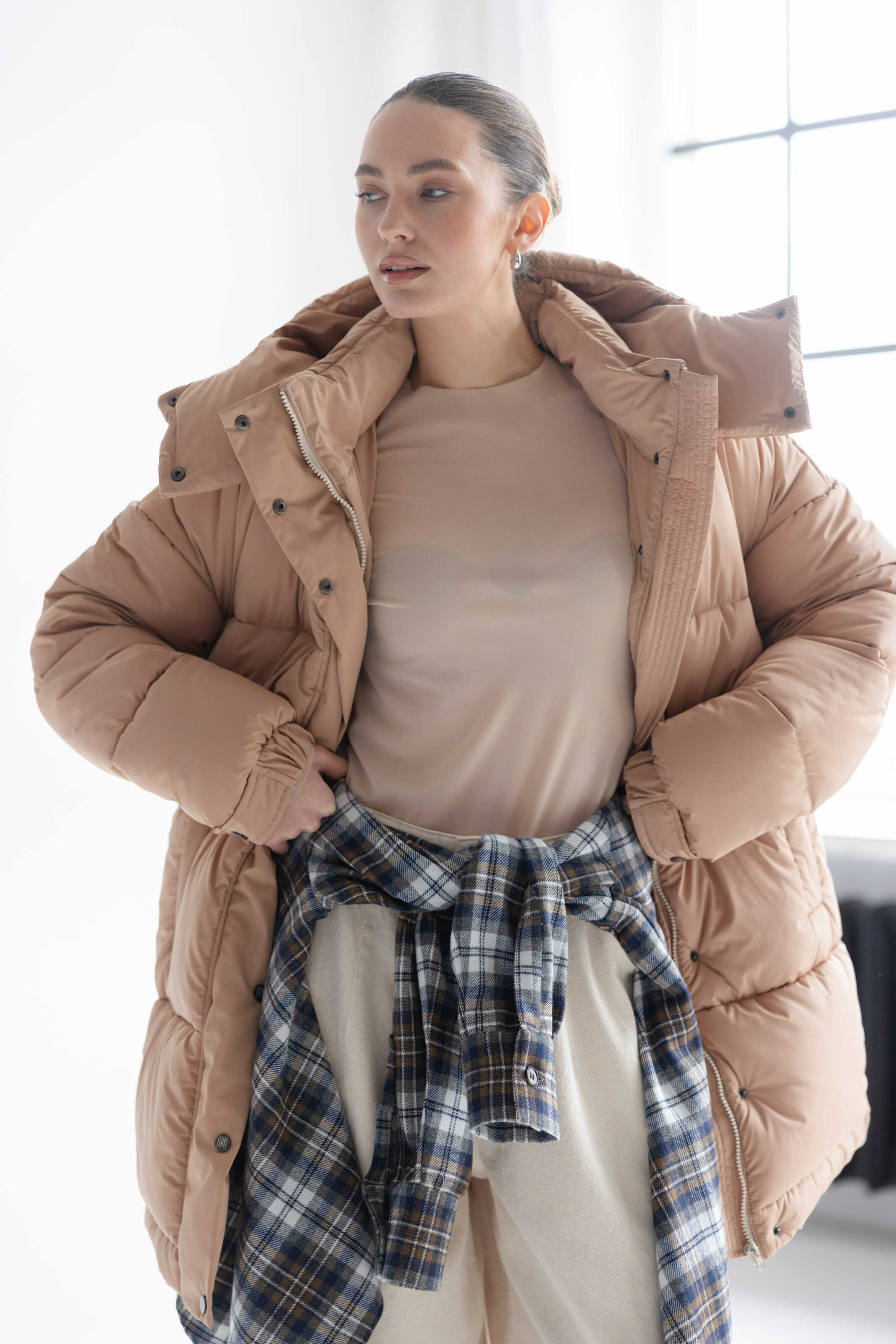 Long Oversized Puffer Jacket Beige