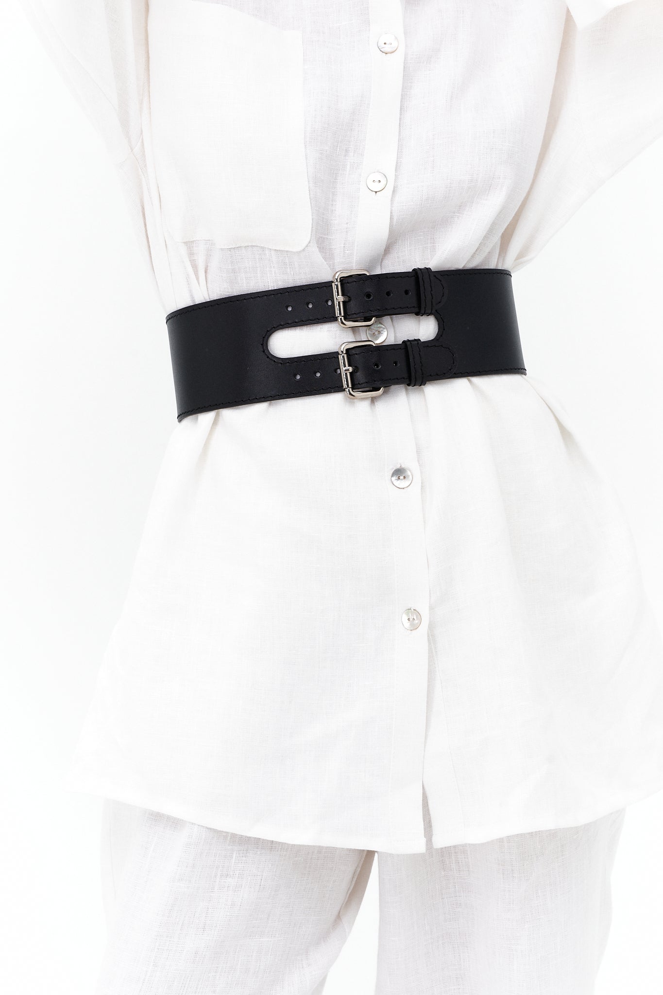 Wide leather belt JUN with double buckle - UFS.store.ua