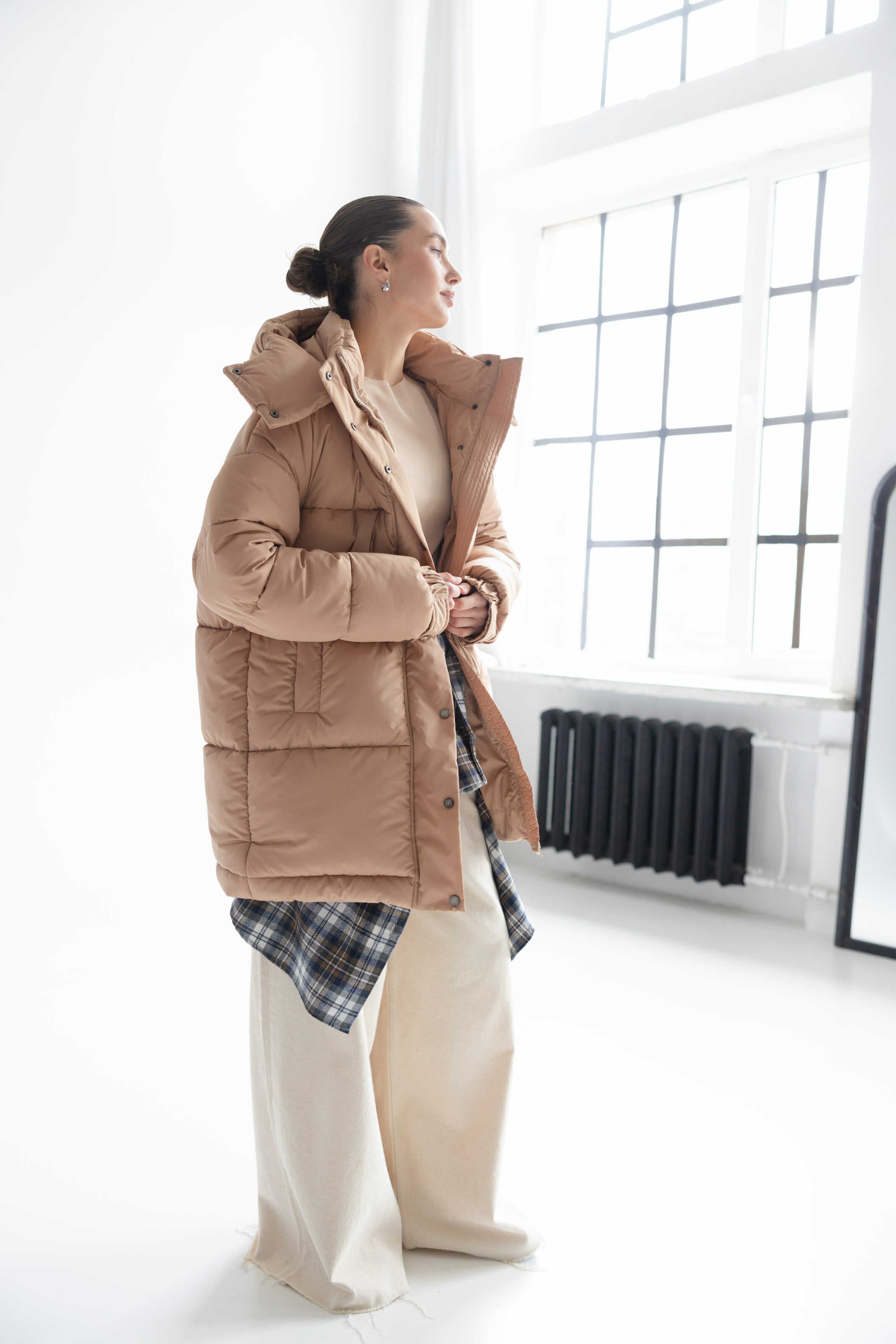 Long Oversized Puffer Jacket Beige