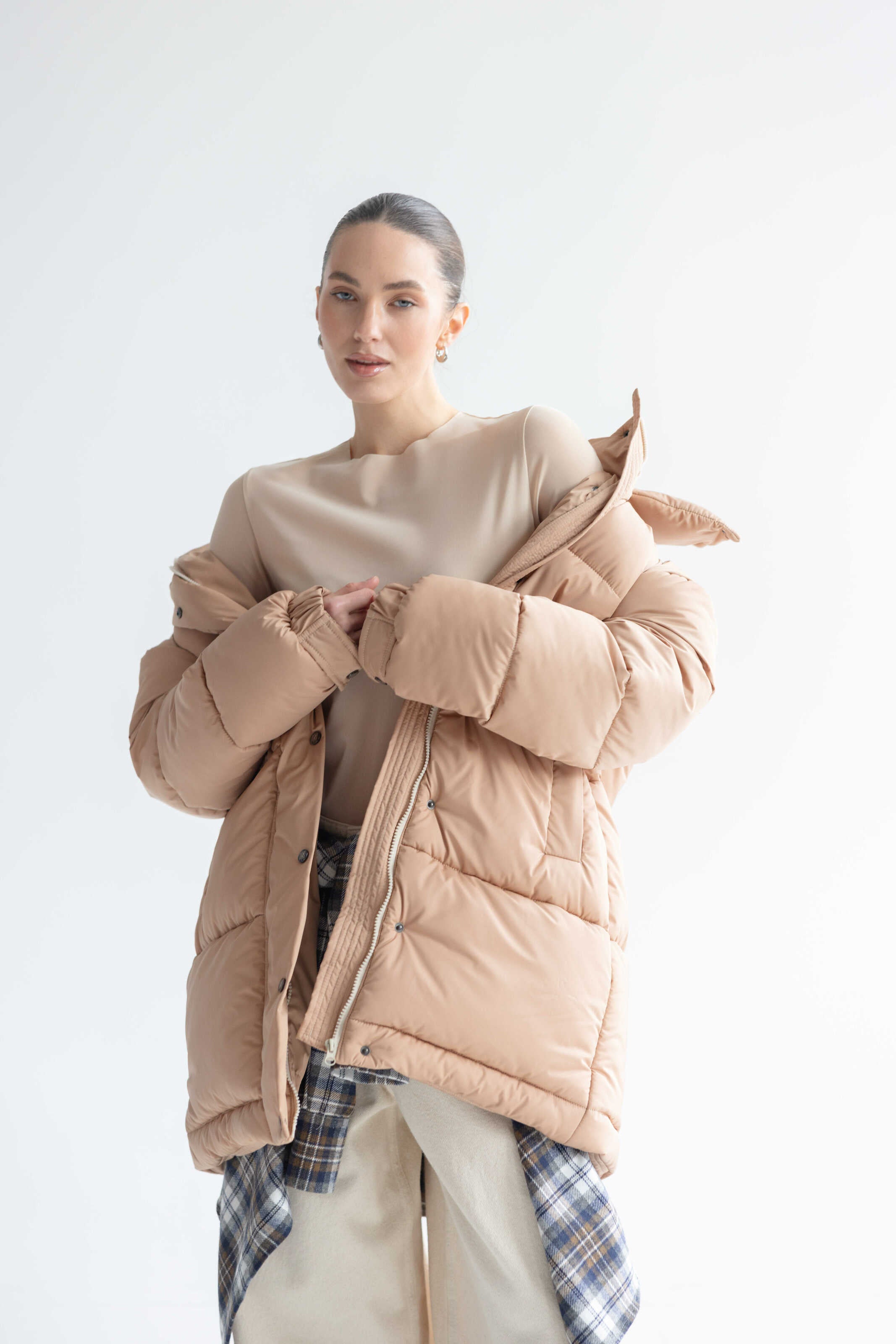 Long Oversized Puffer Jacket Beige