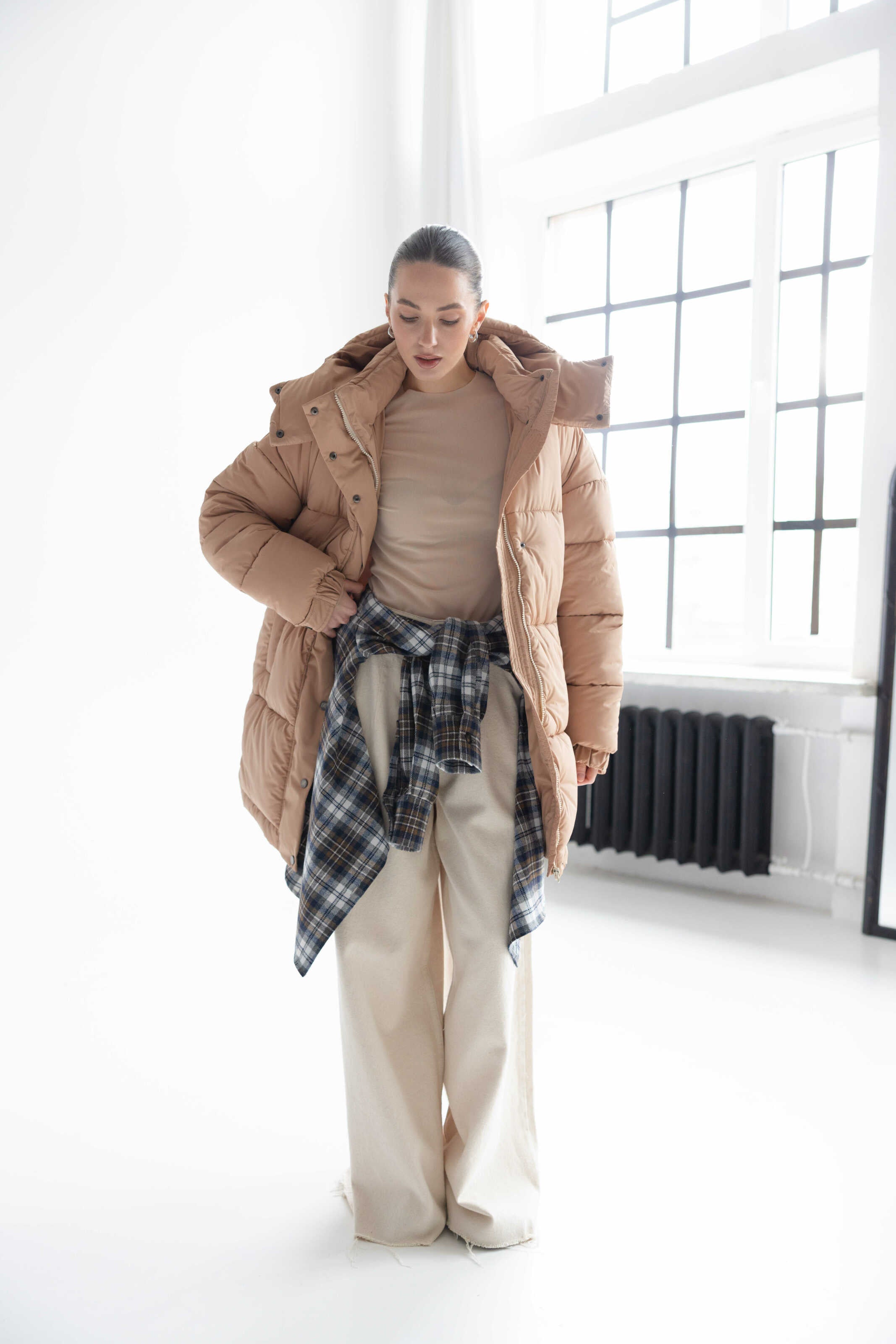 Long Oversized Puffer Jacket Beige