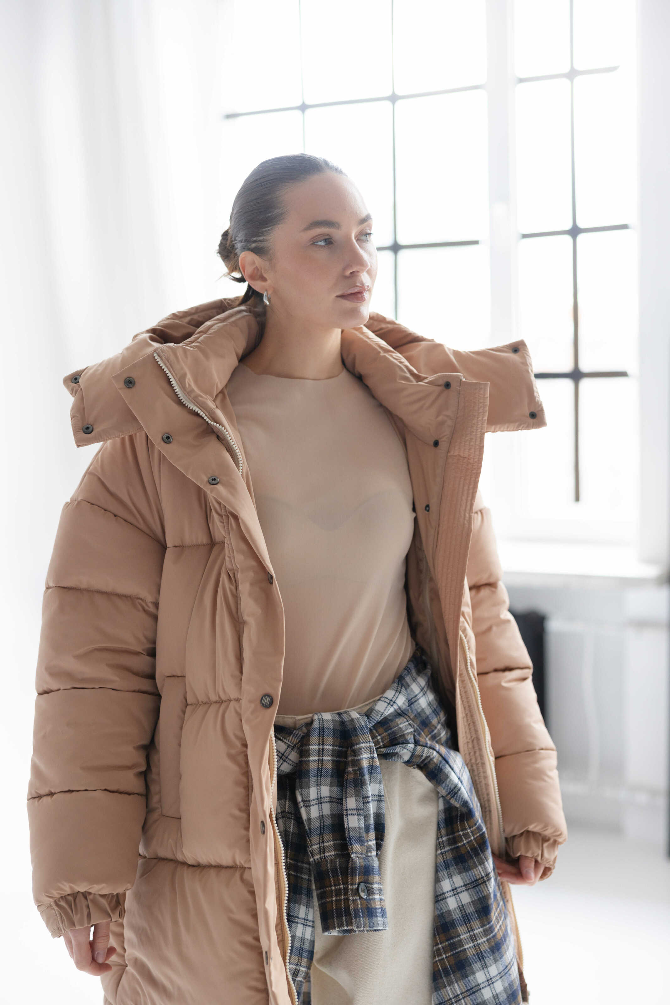 Long Oversized Puffer Jacket Beige