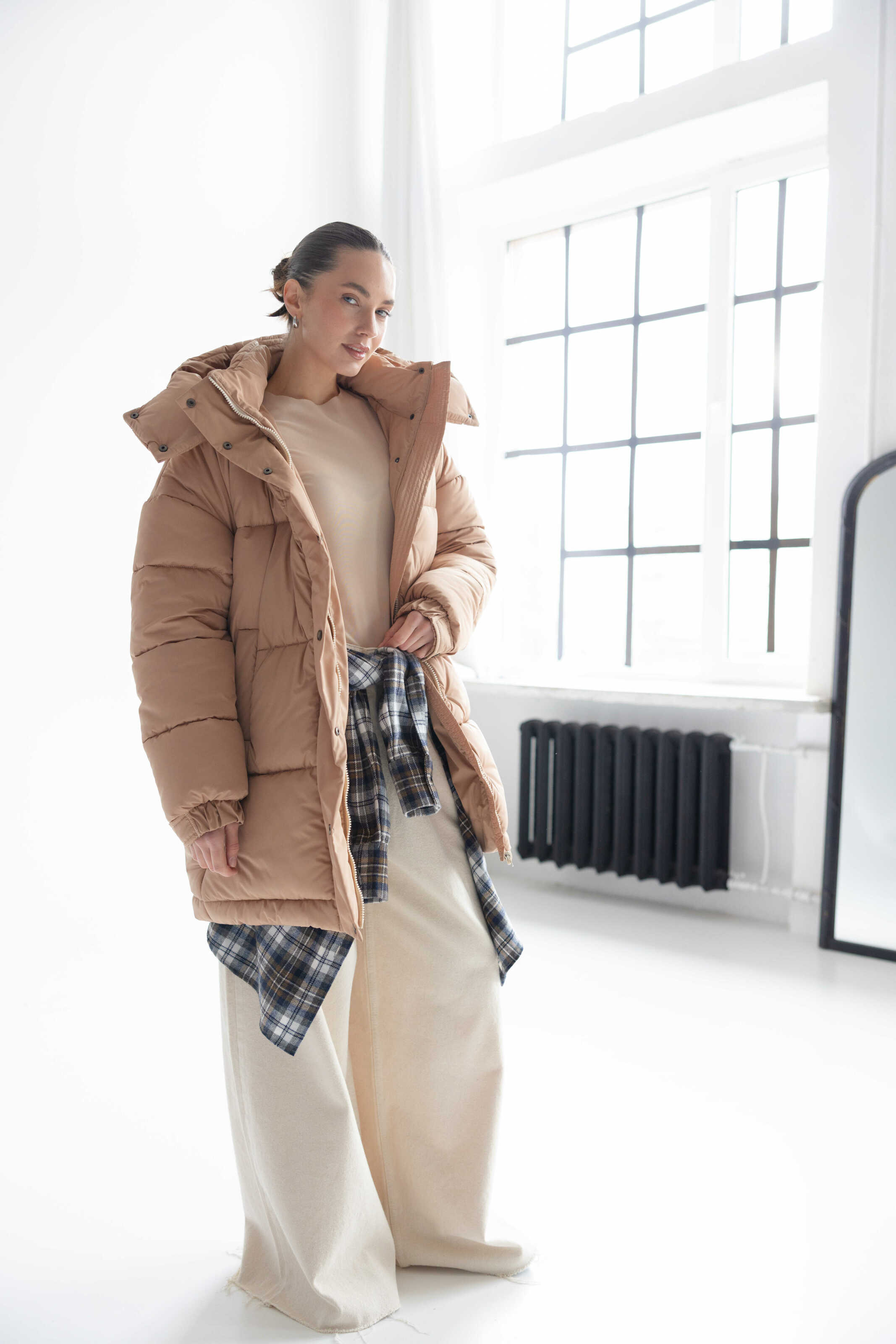 Long Oversized Puffer Jacket Beige