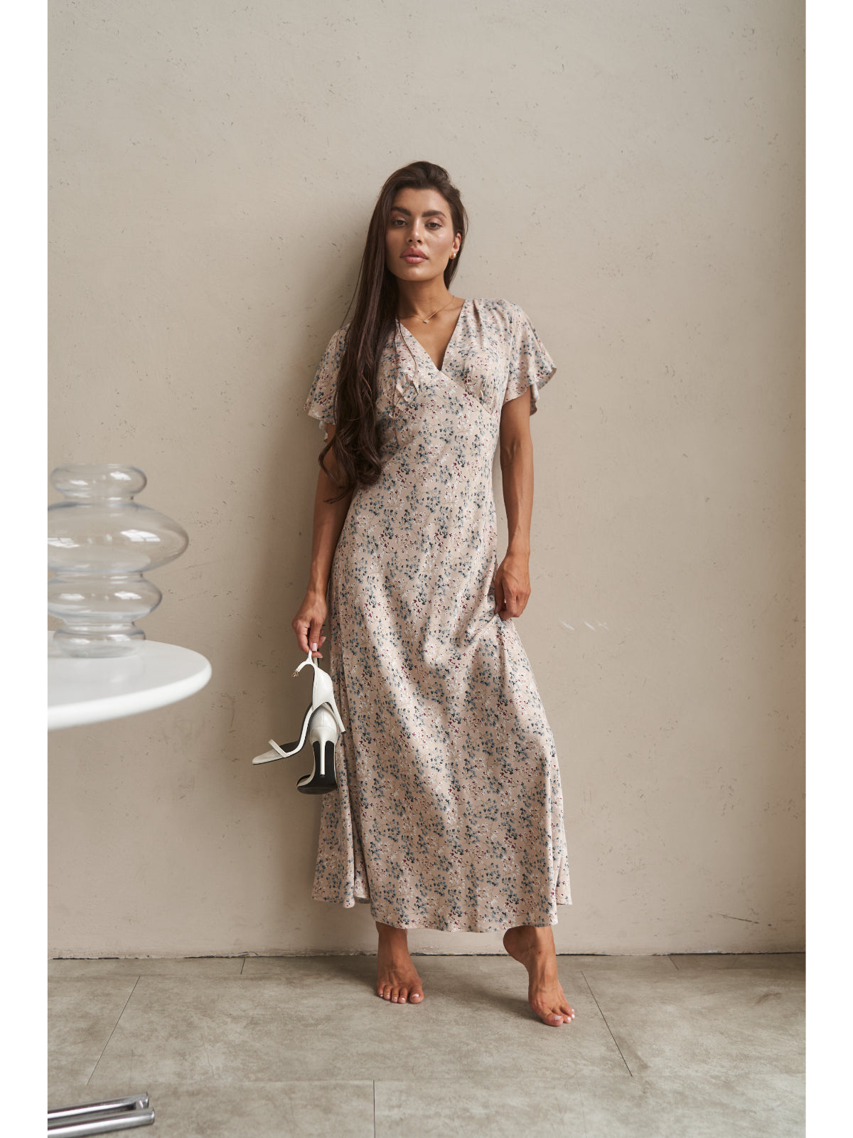 Cream cotton maxi dress with flowers - UFS.store.ua