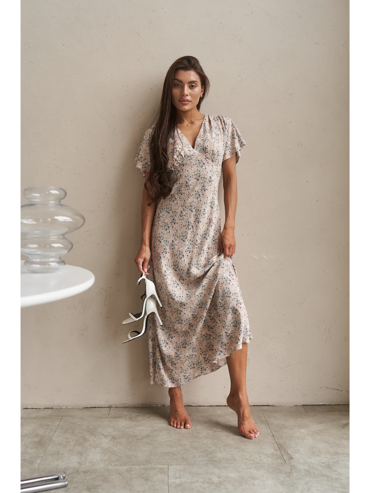 Cream cotton maxi dress with flowers - UFS.store.ua