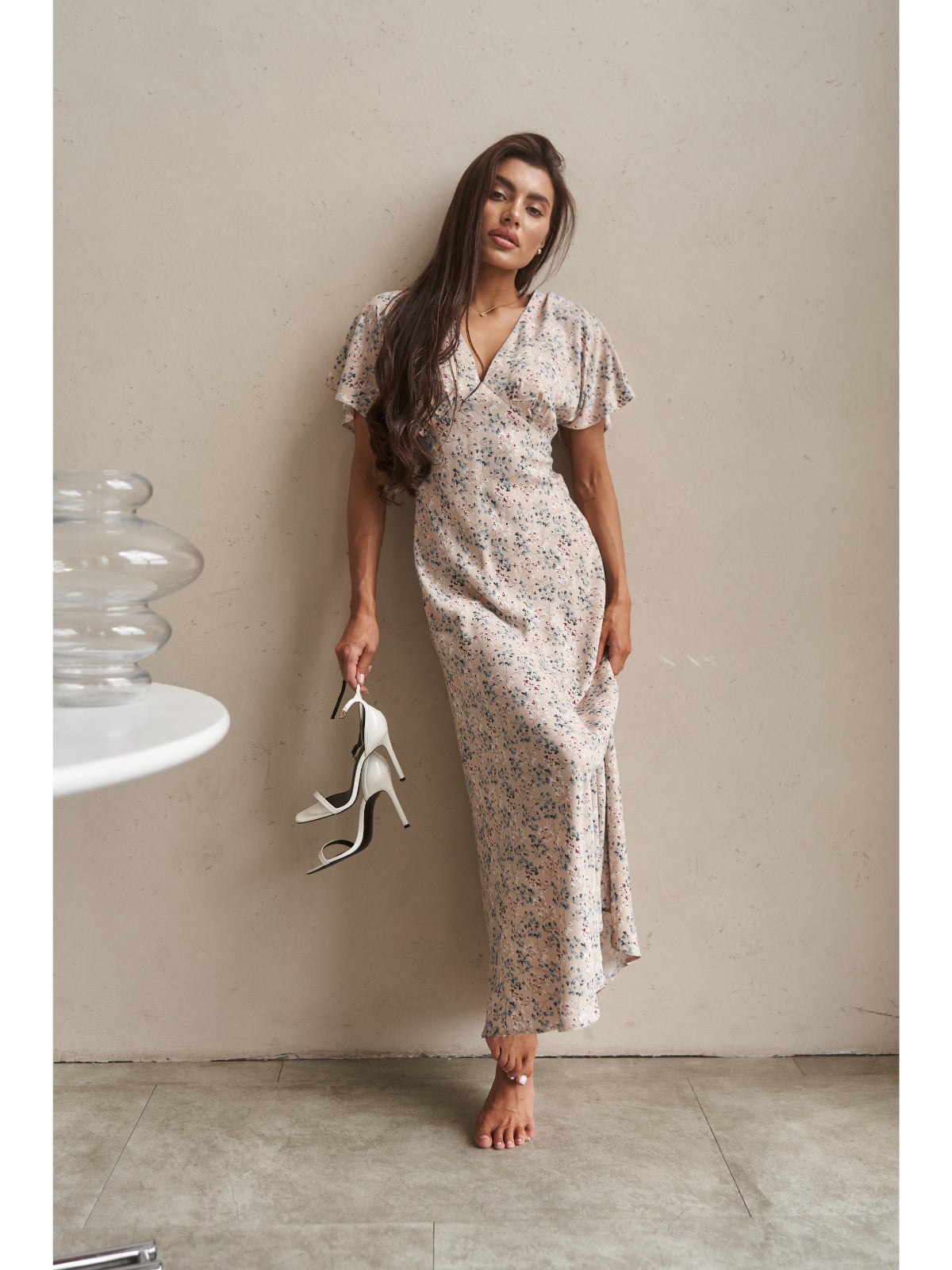 Cream cotton maxi dress with flowers - UFS.store.ua