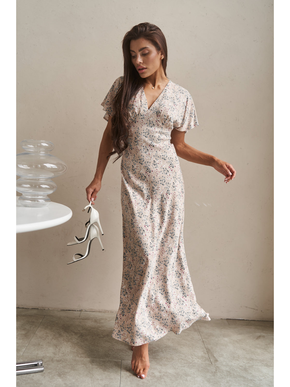 Cream cotton maxi dress with flowers - UFS.store.ua