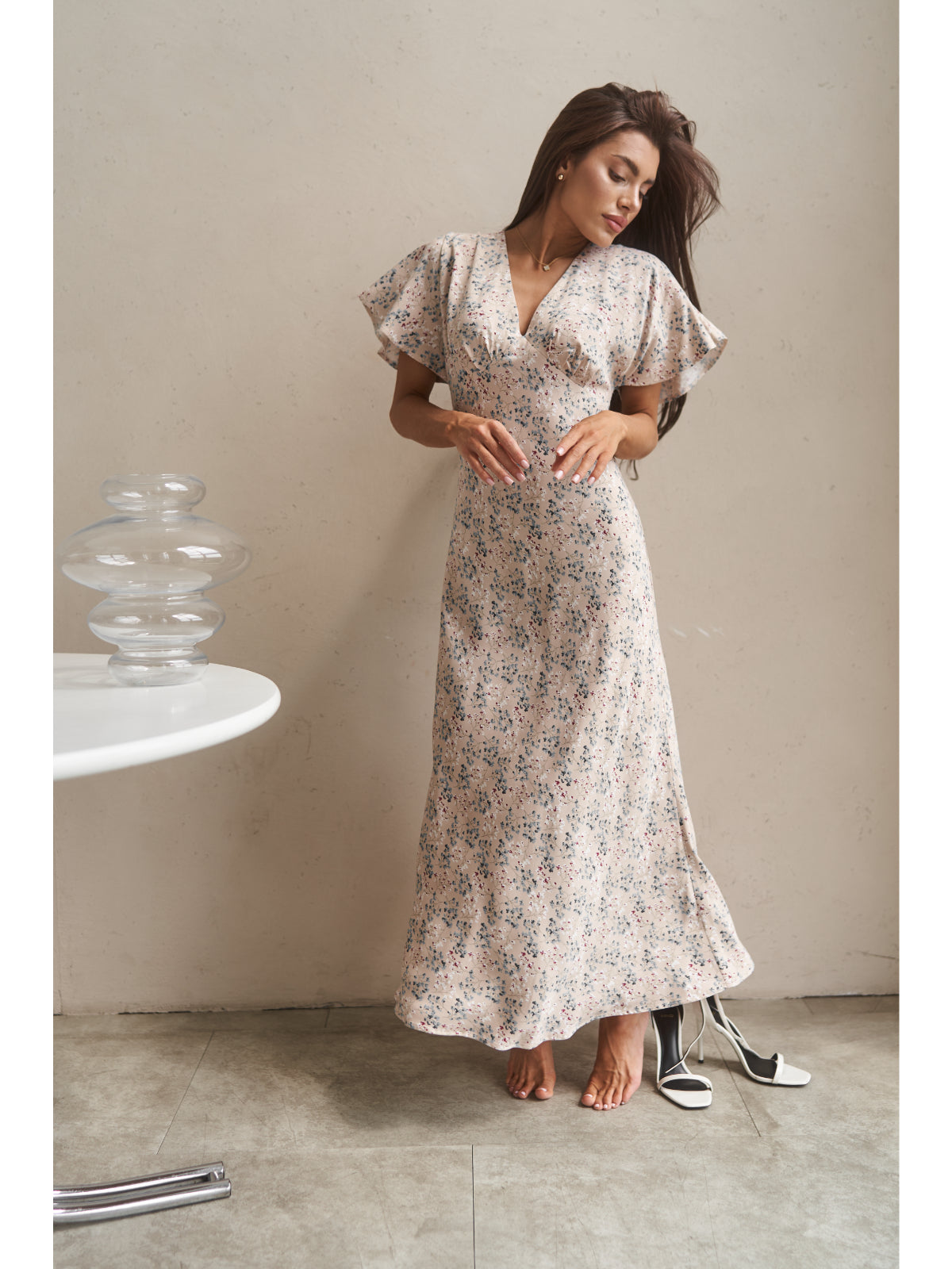 Cream cotton maxi dress with flowers - UFS.store.ua