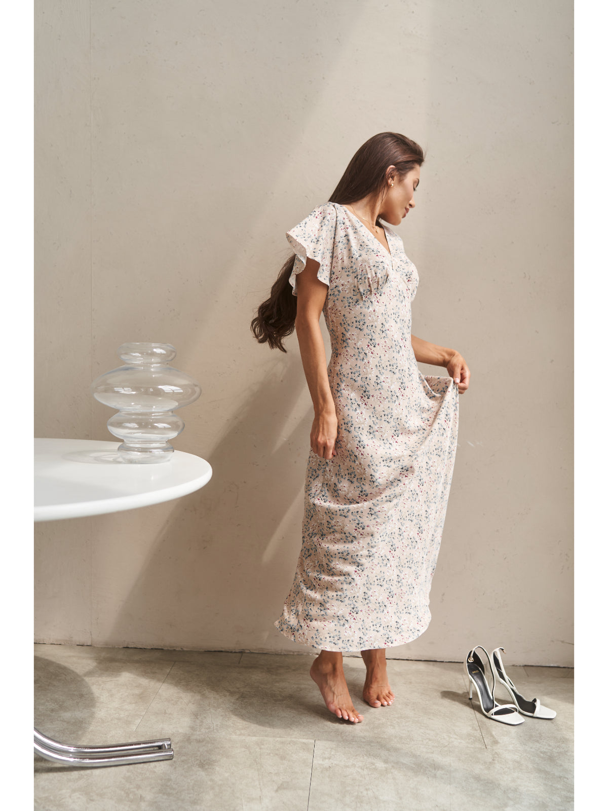 Cream cotton maxi dress with flowers - UFS.store.ua