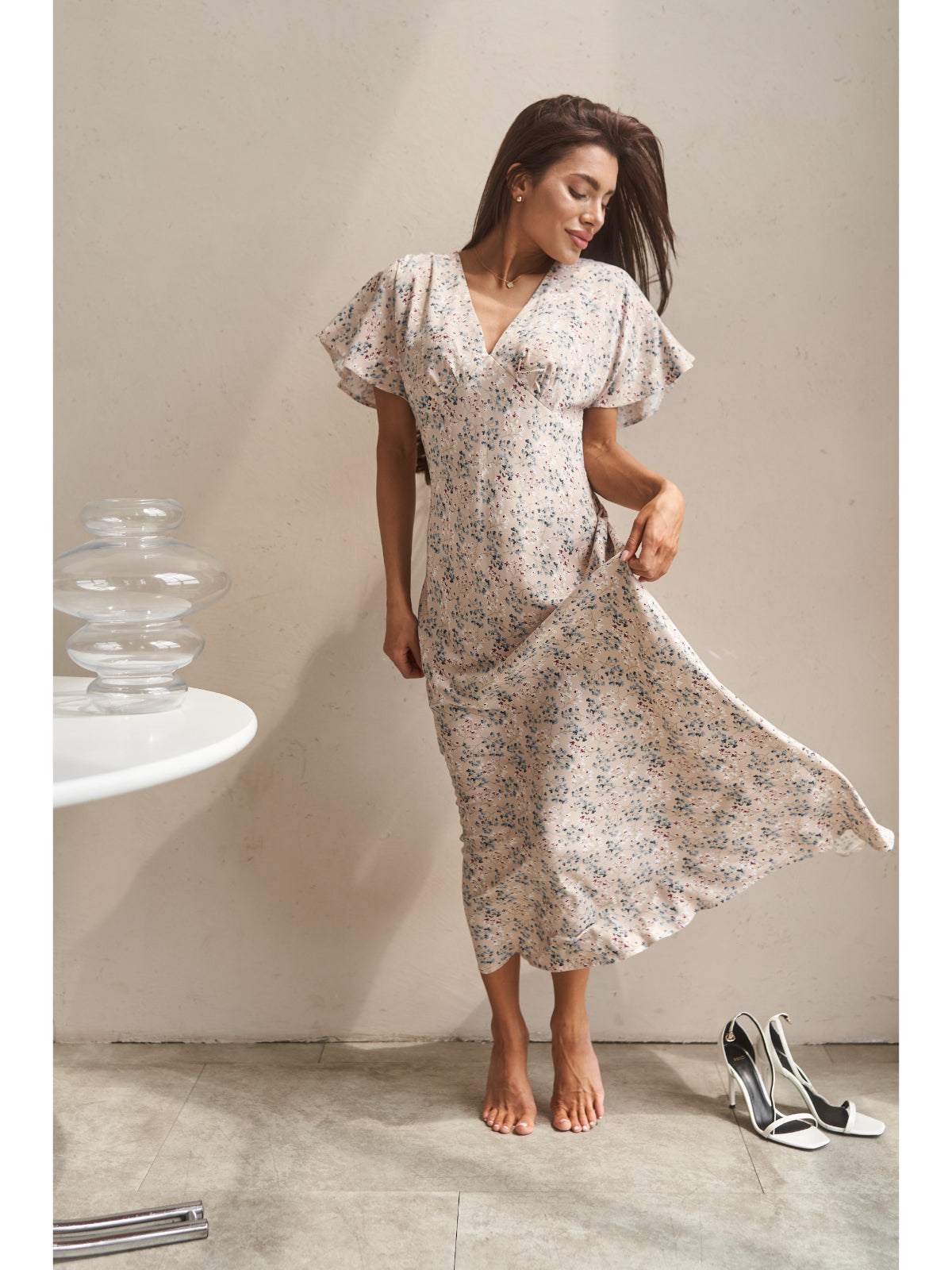 Cream cotton maxi dress with flowers - UFS.store.ua