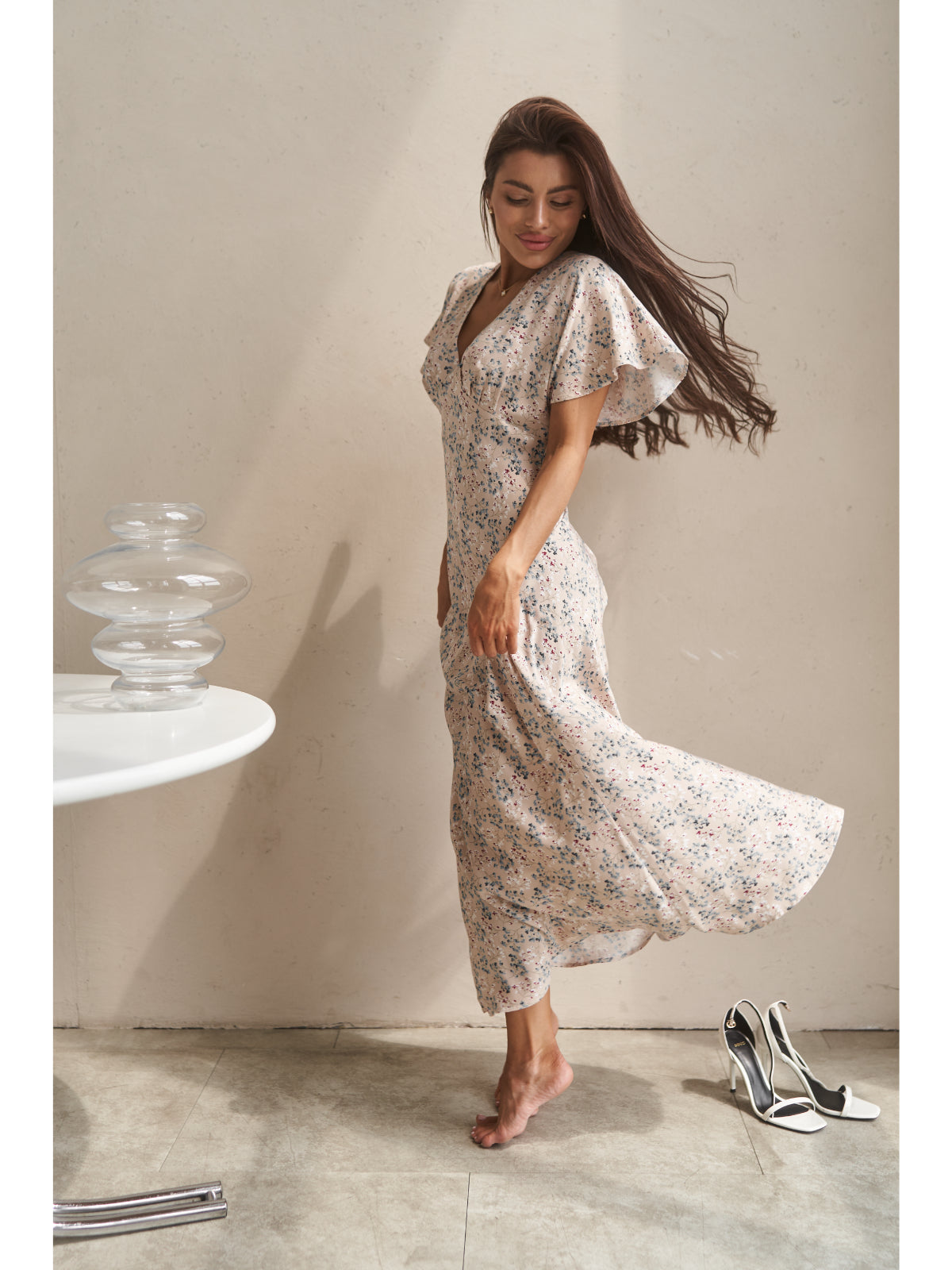 Cream cotton maxi dress with flowers - UFS.store.ua