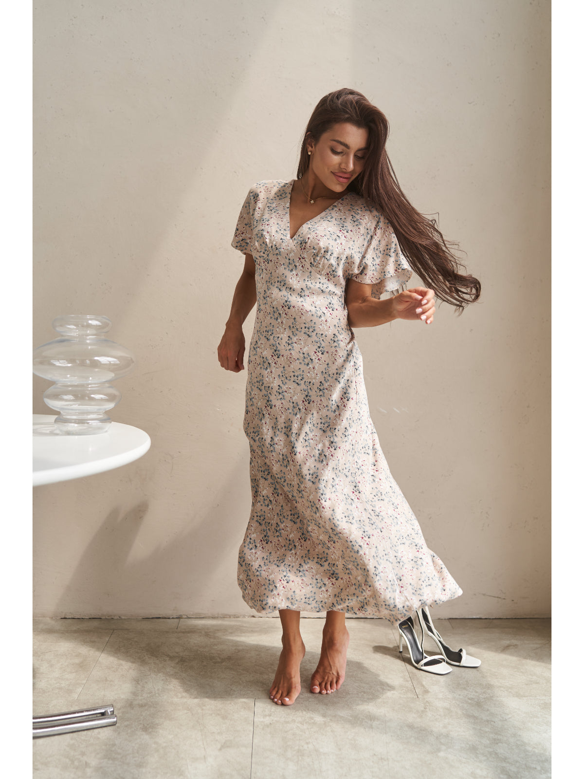 Cream cotton maxi dress with flowers - UFS.store.ua