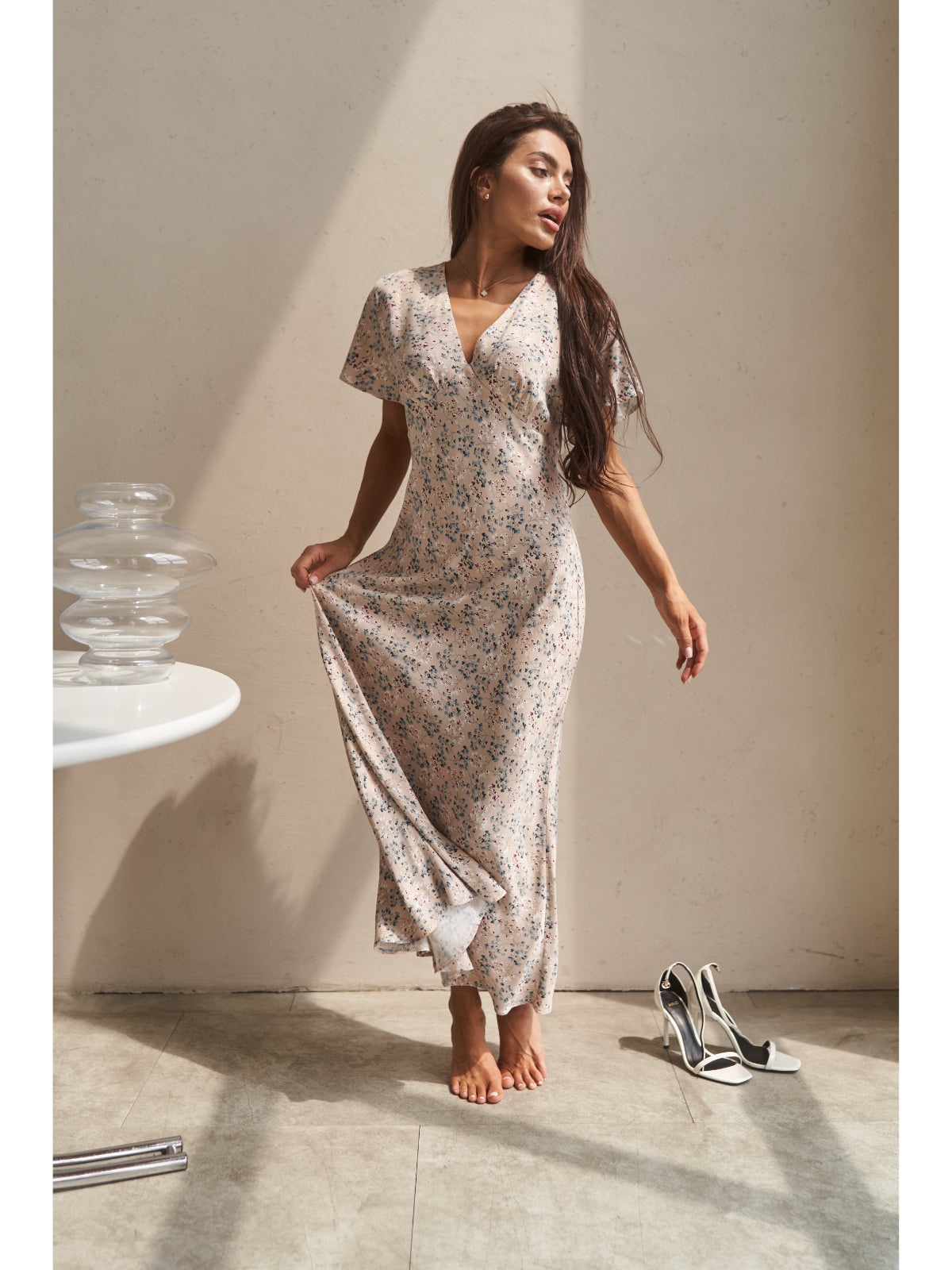 Cream cotton maxi dress with flowers - UFS.store.ua