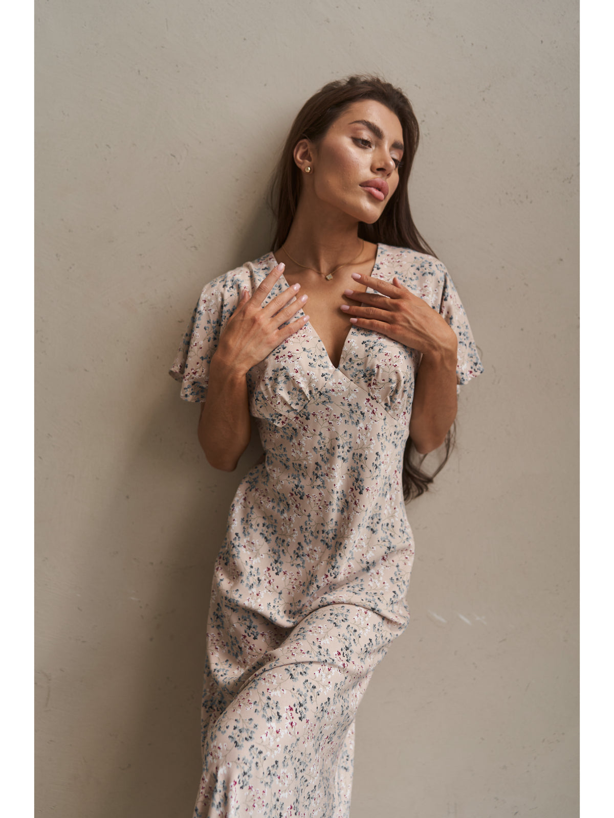 Cream cotton maxi dress with flowers - UFS.store.ua