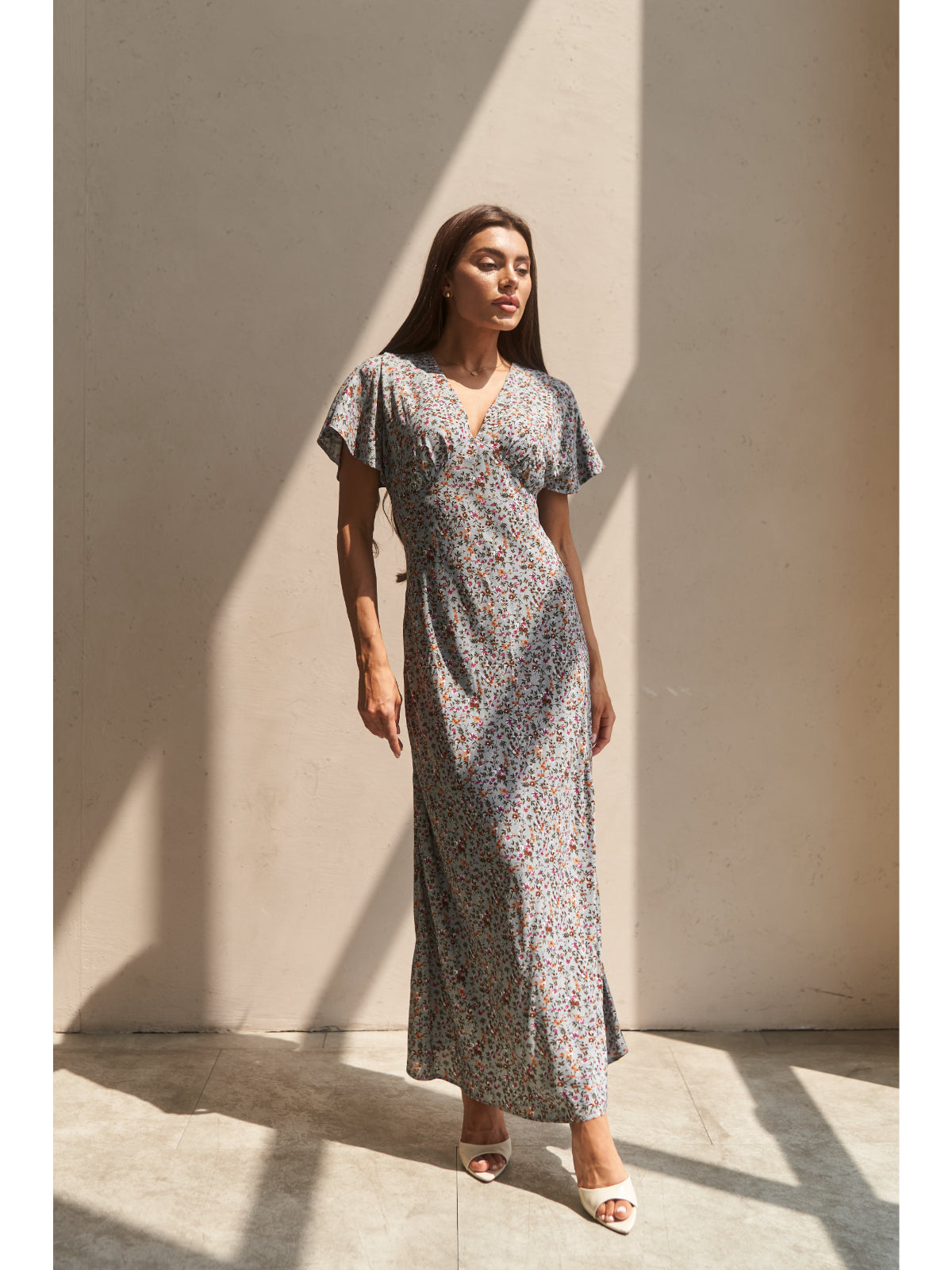 Grey cotton maxi dress with flowers - UFS.store.ua
