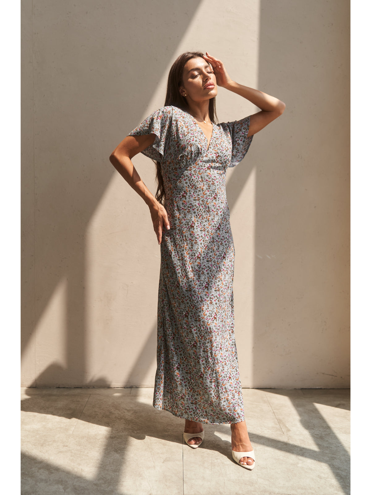 Grey cotton maxi dress with flowers - UFS.store.ua