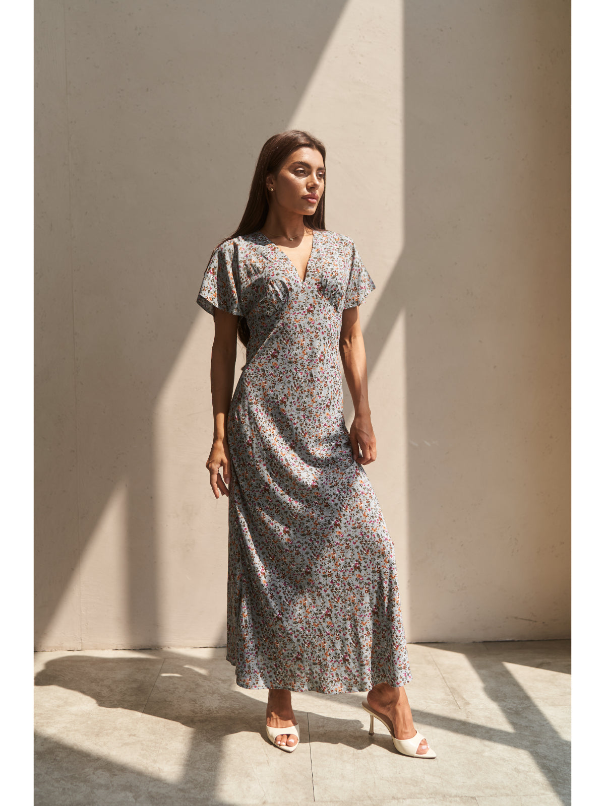 Grey cotton maxi dress with flowers - UFS.store.ua