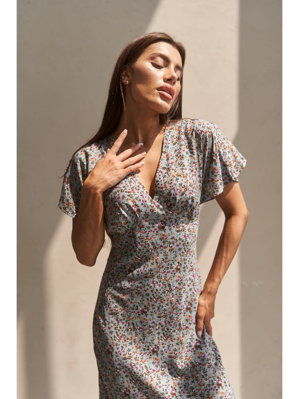Grey cotton maxi dress with flowers - UFS.store.ua