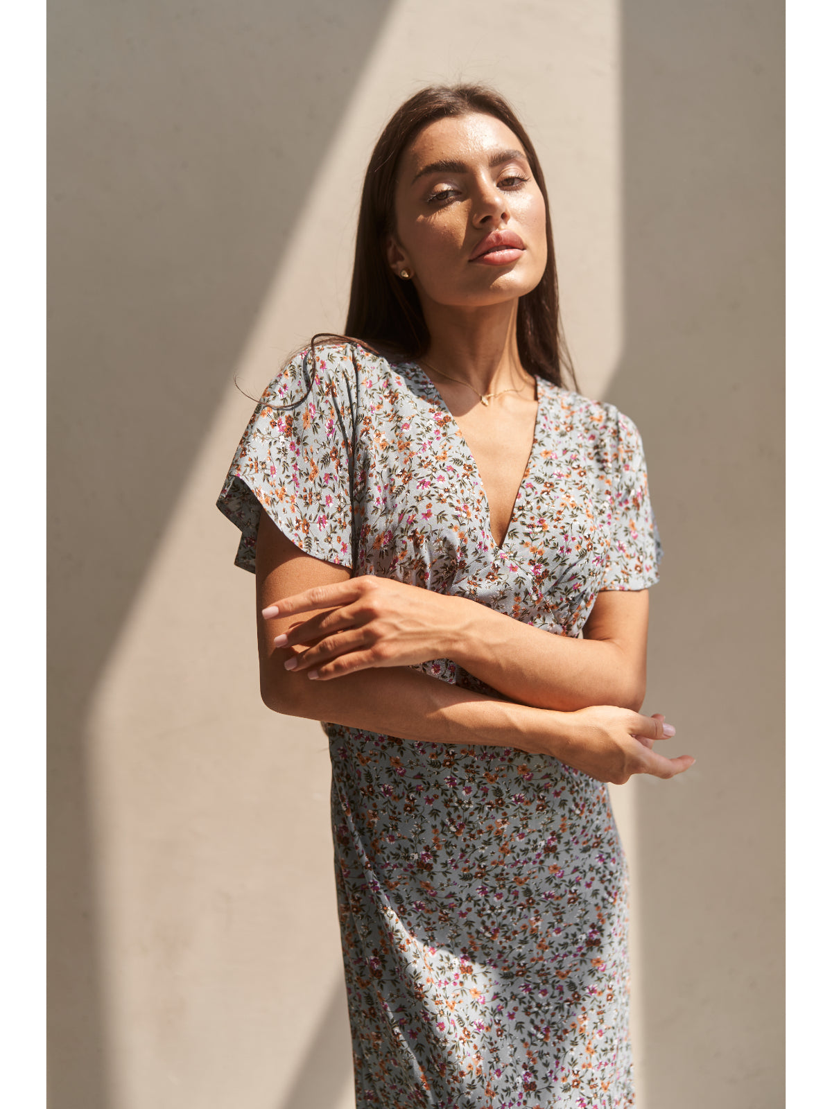 Grey cotton maxi dress with flowers - UFS.store.ua