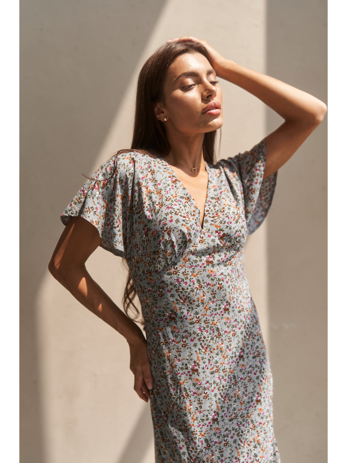 Grey cotton maxi dress with flowers - UFS.store.ua
