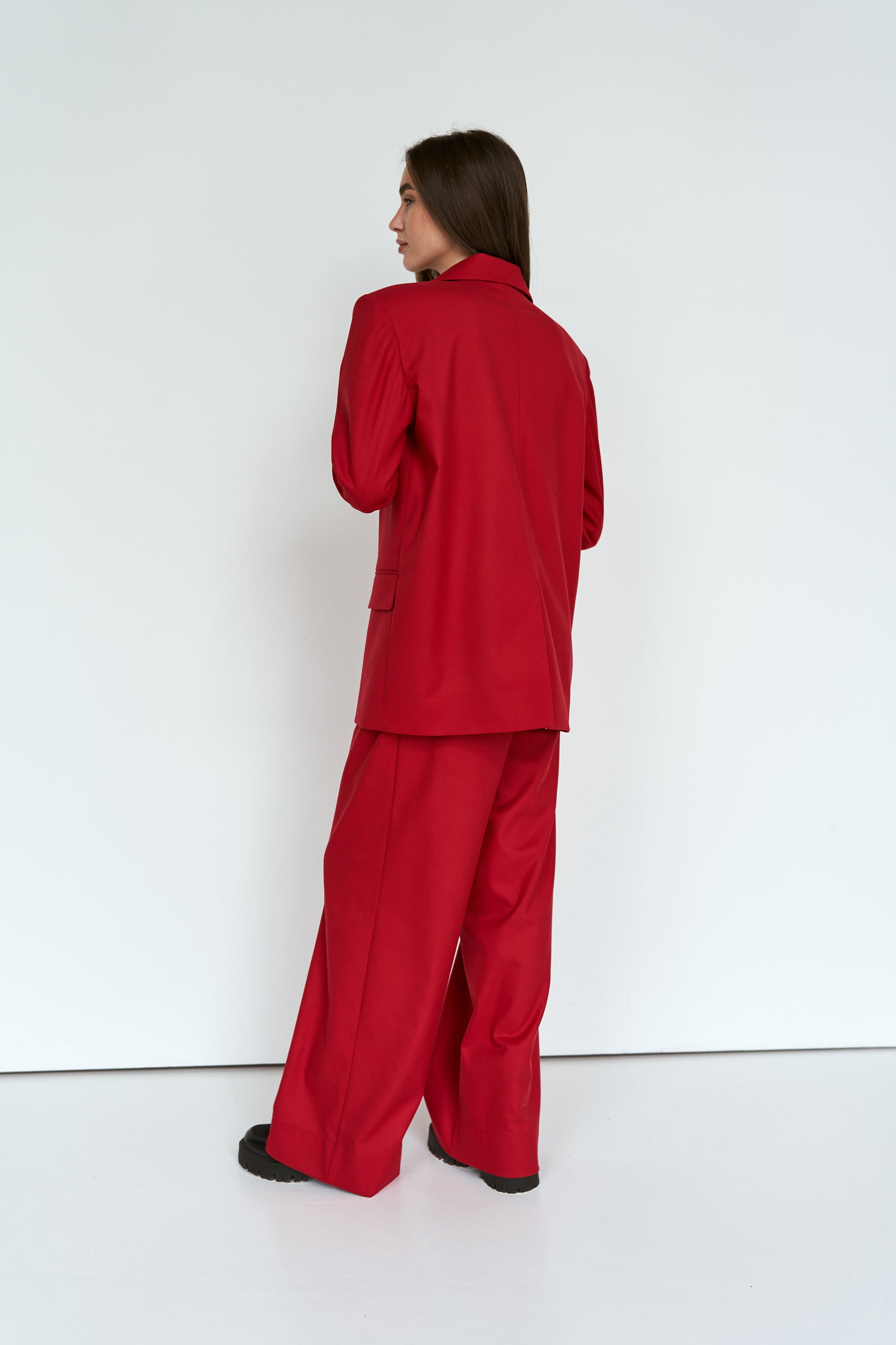 Red palazzo trousers suit fabric