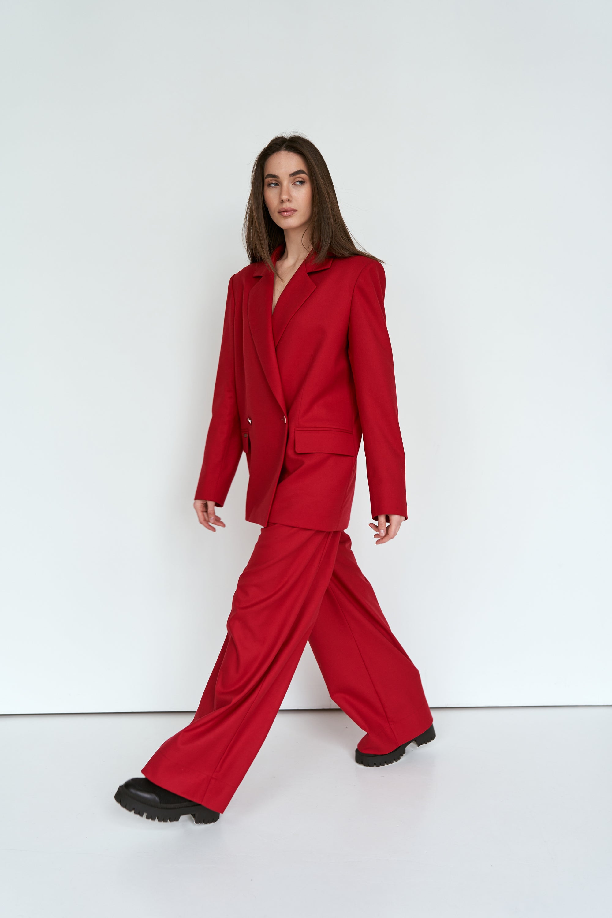 Red palazzo trousers suit fabric