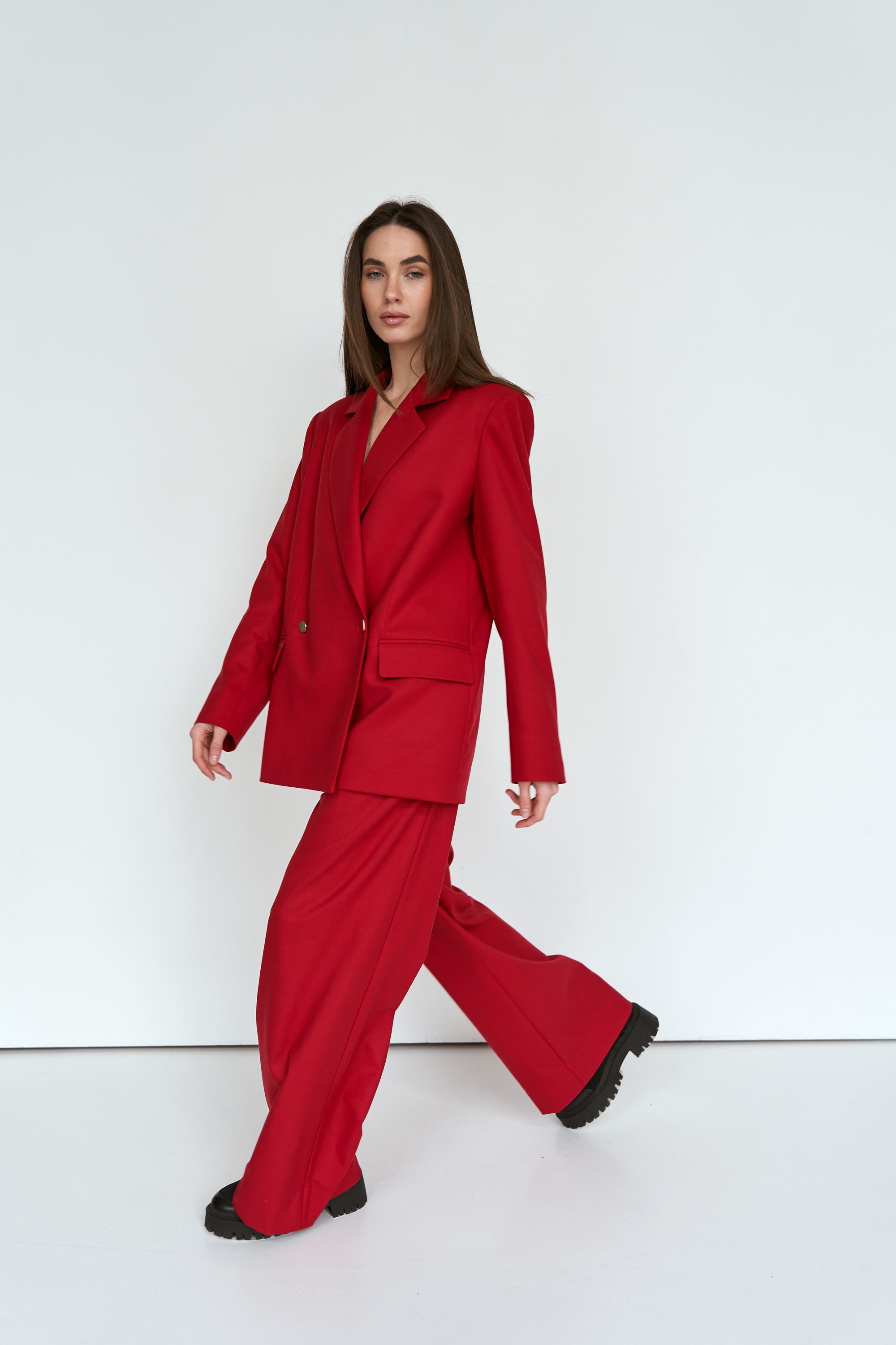 Red palazzo trousers suit fabric