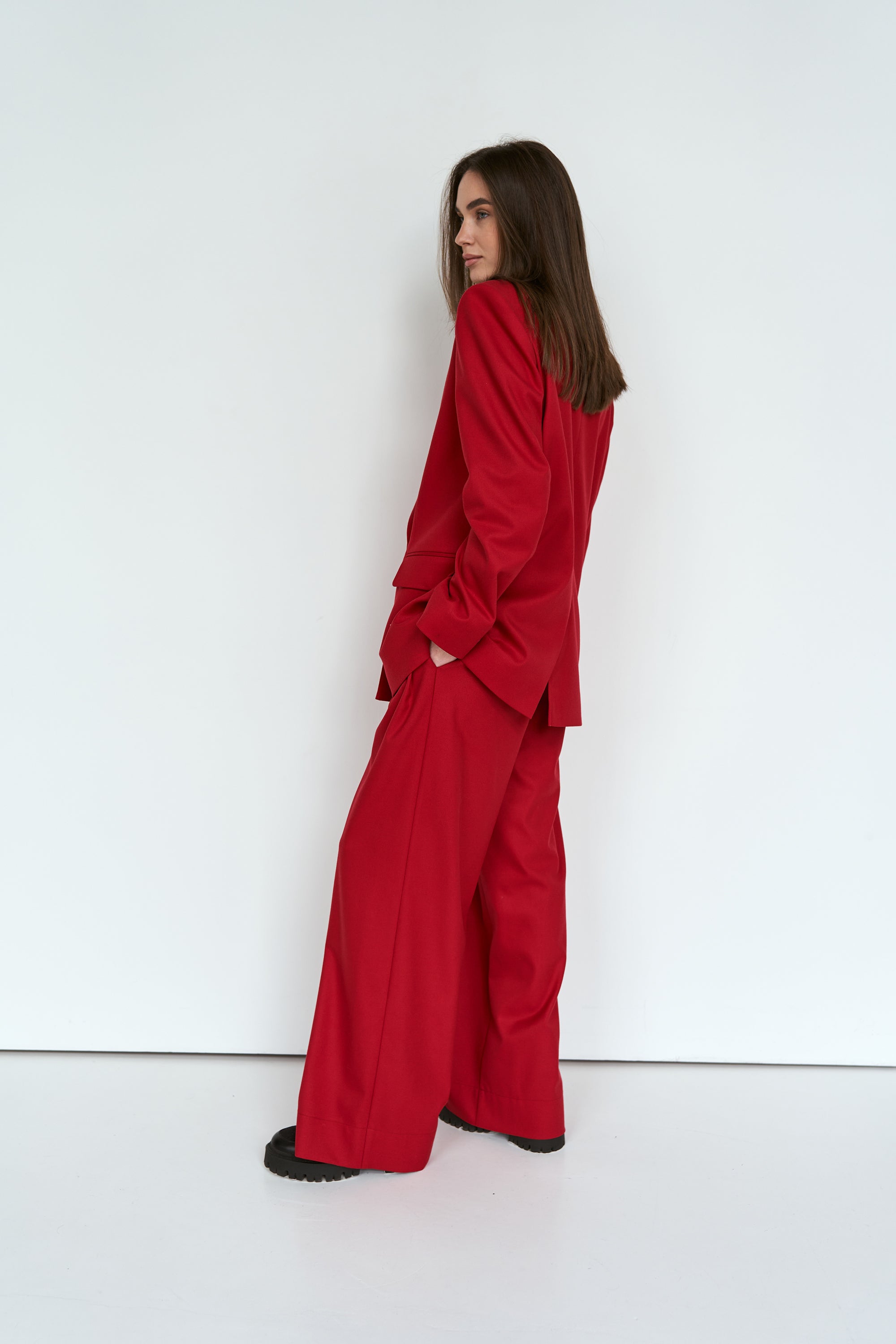 Red palazzo trousers suit fabric