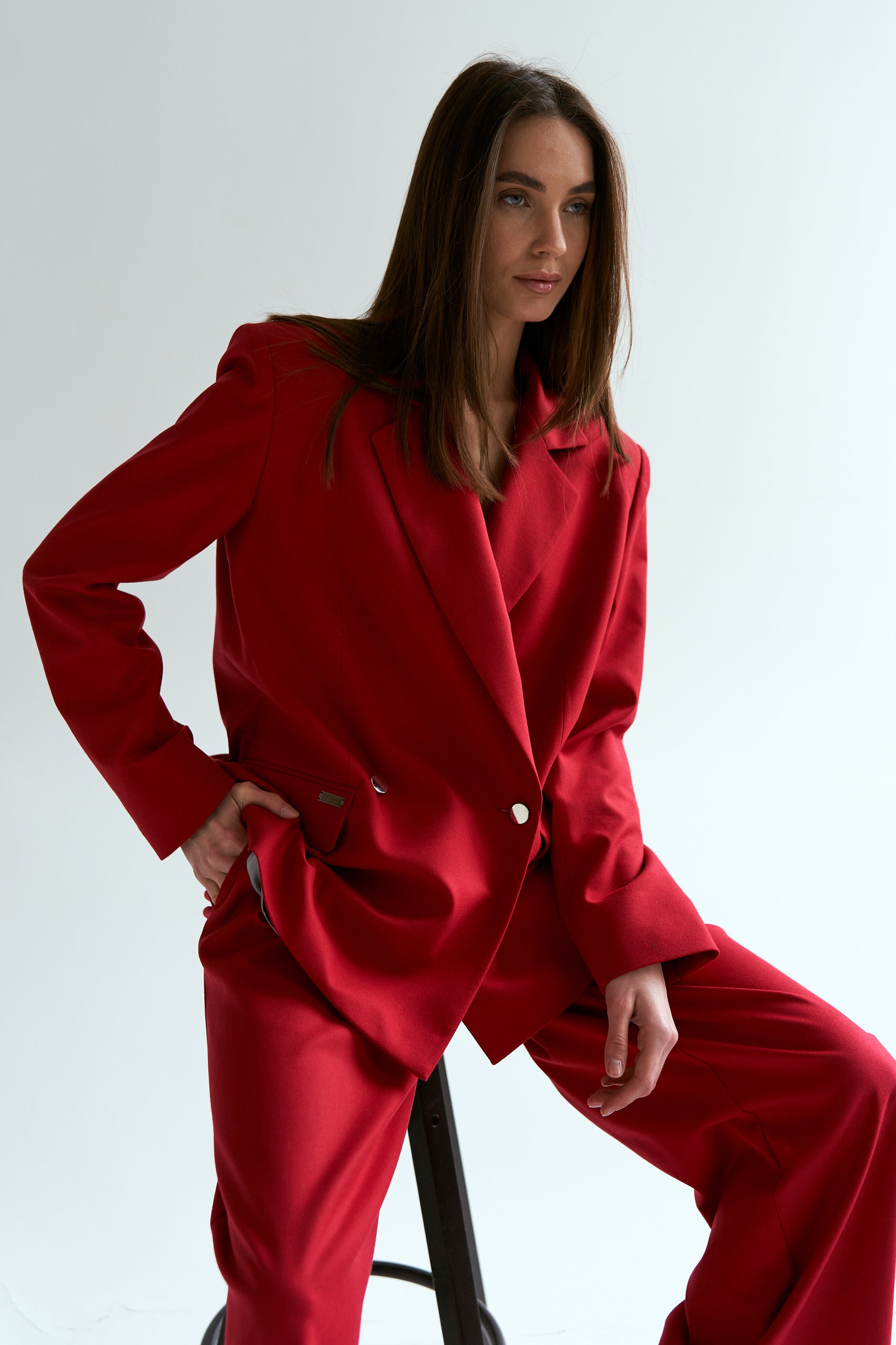 Red palazzo trousers suit fabric
