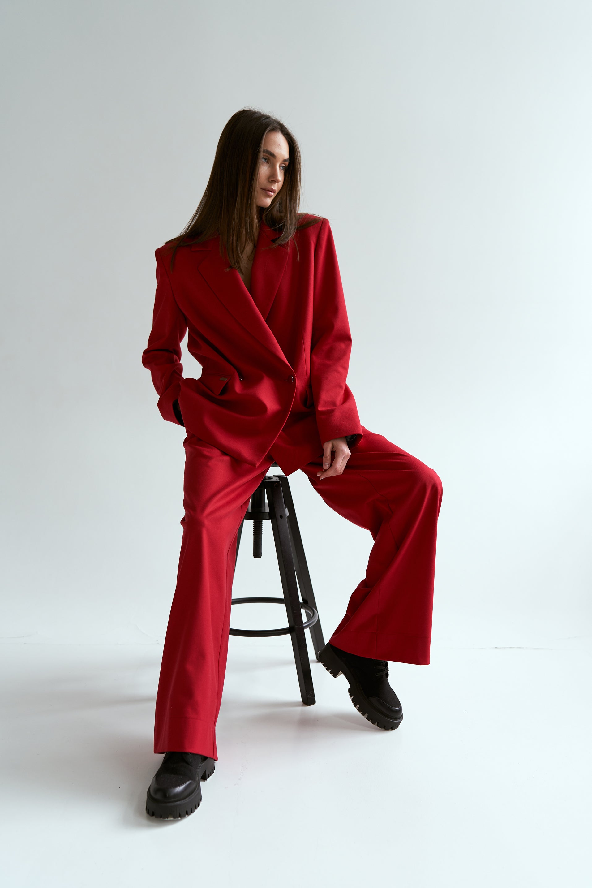 Red palazzo trousers suit fabric