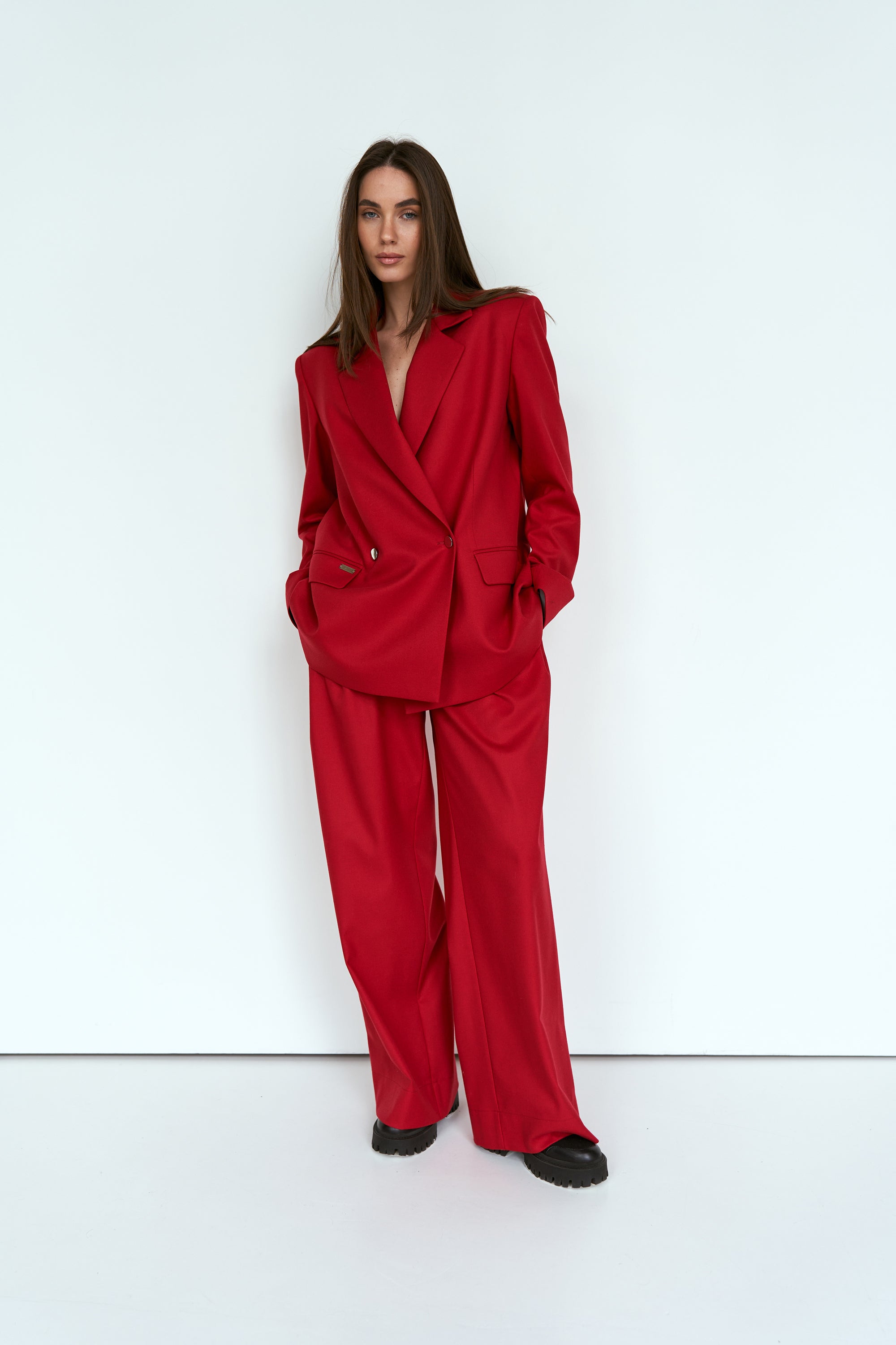 Red palazzo trousers suit fabric