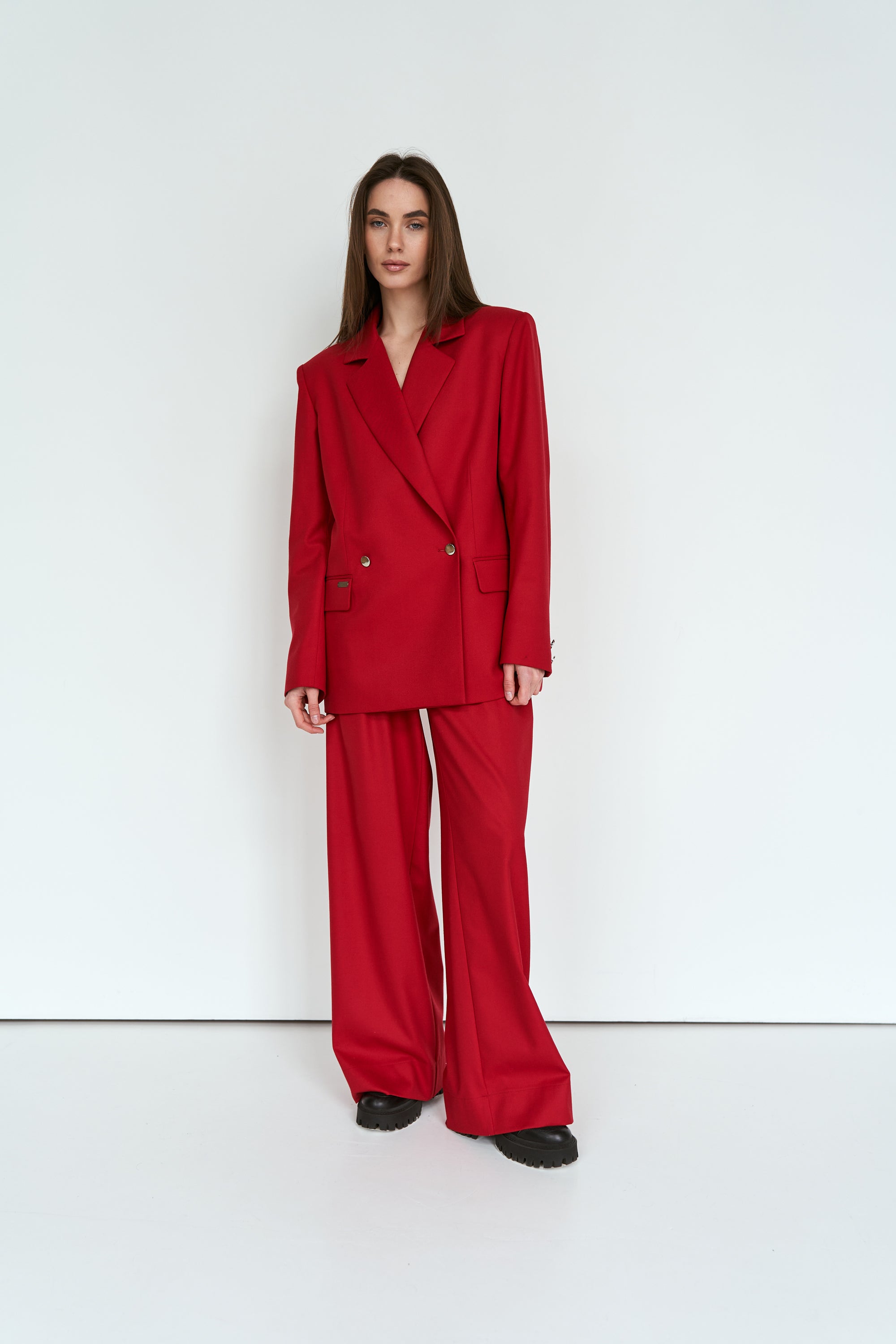 Red palazzo trousers suit fabric