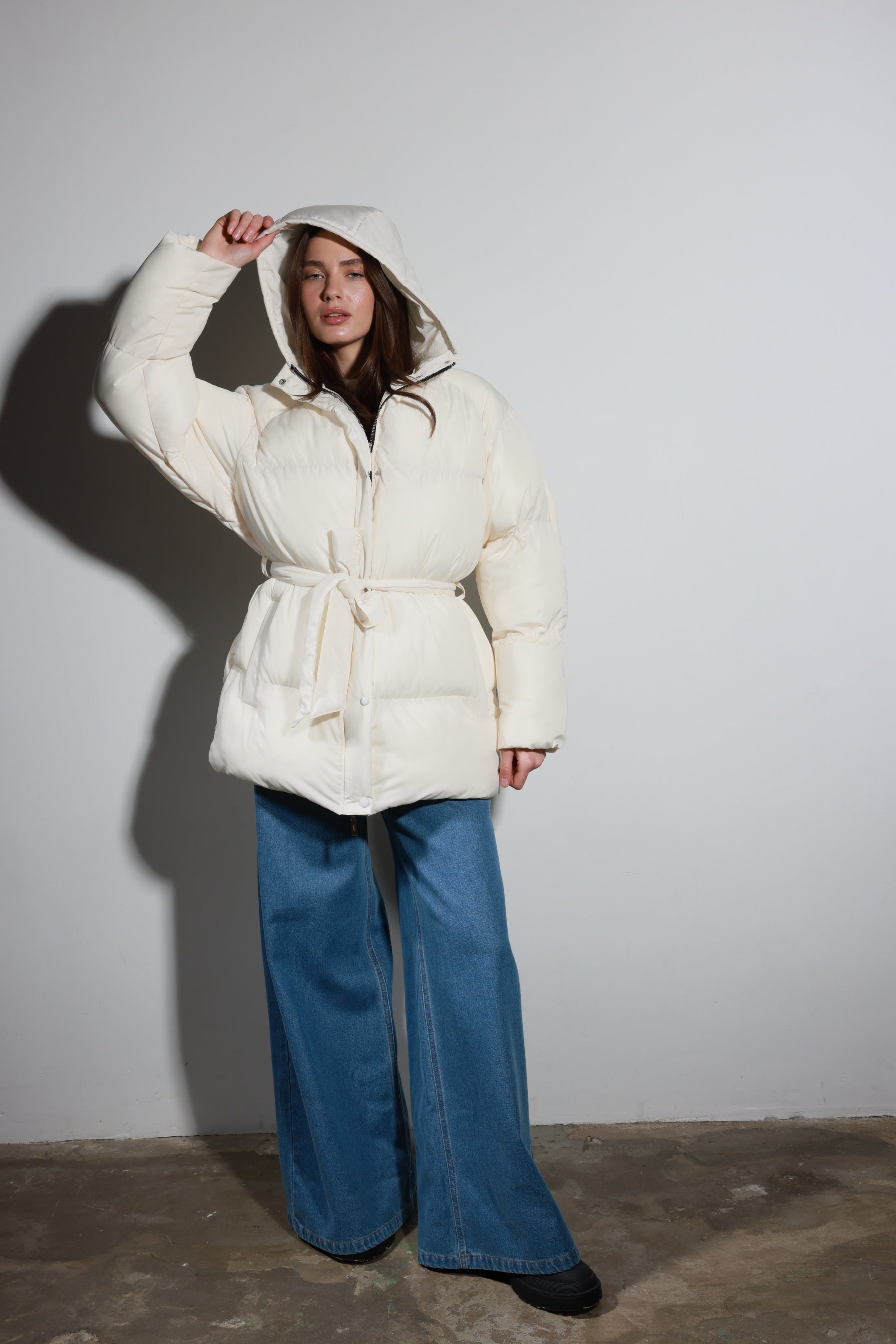 Belted Puffer Jacket Cream