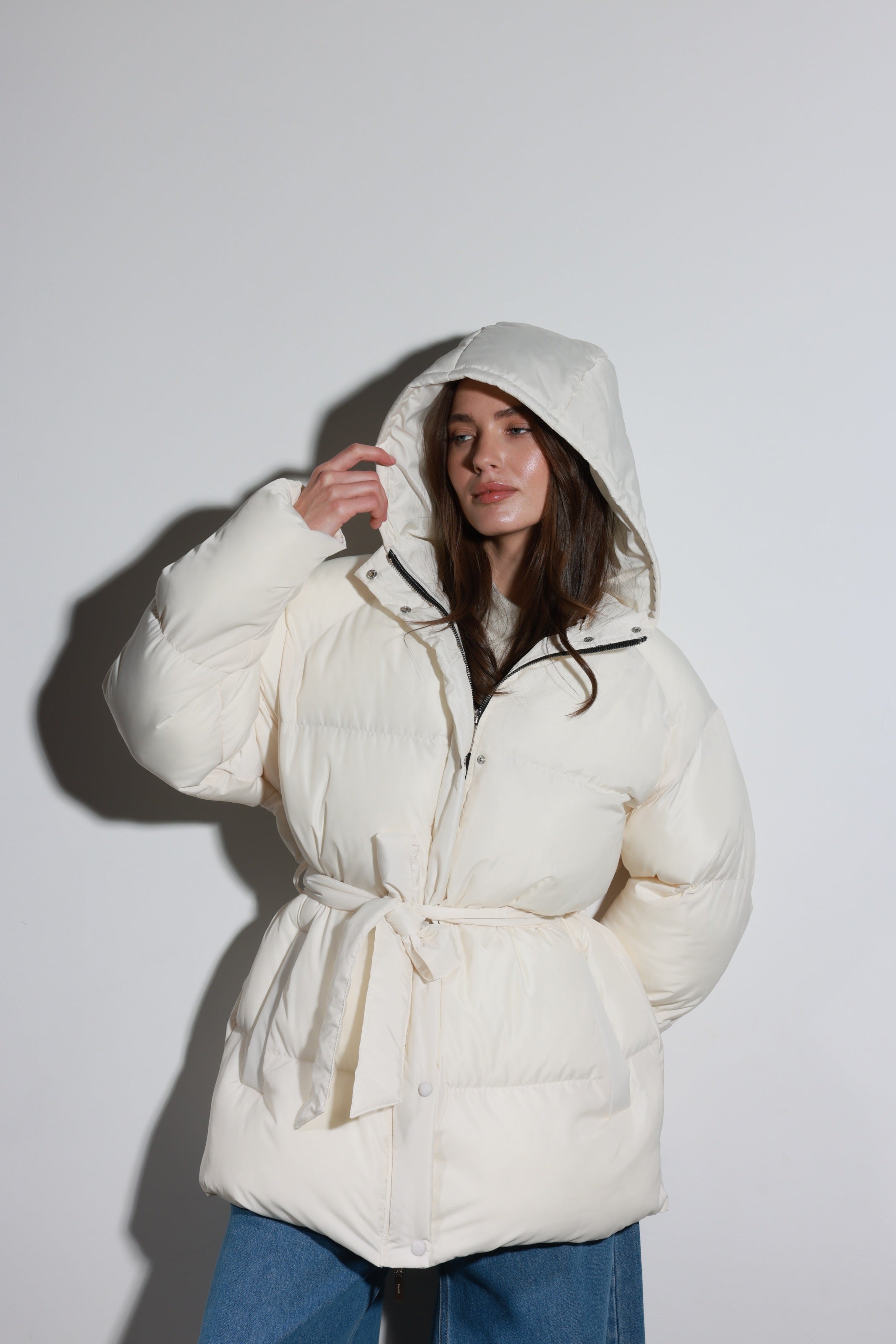 Belted Puffer Jacket Cream