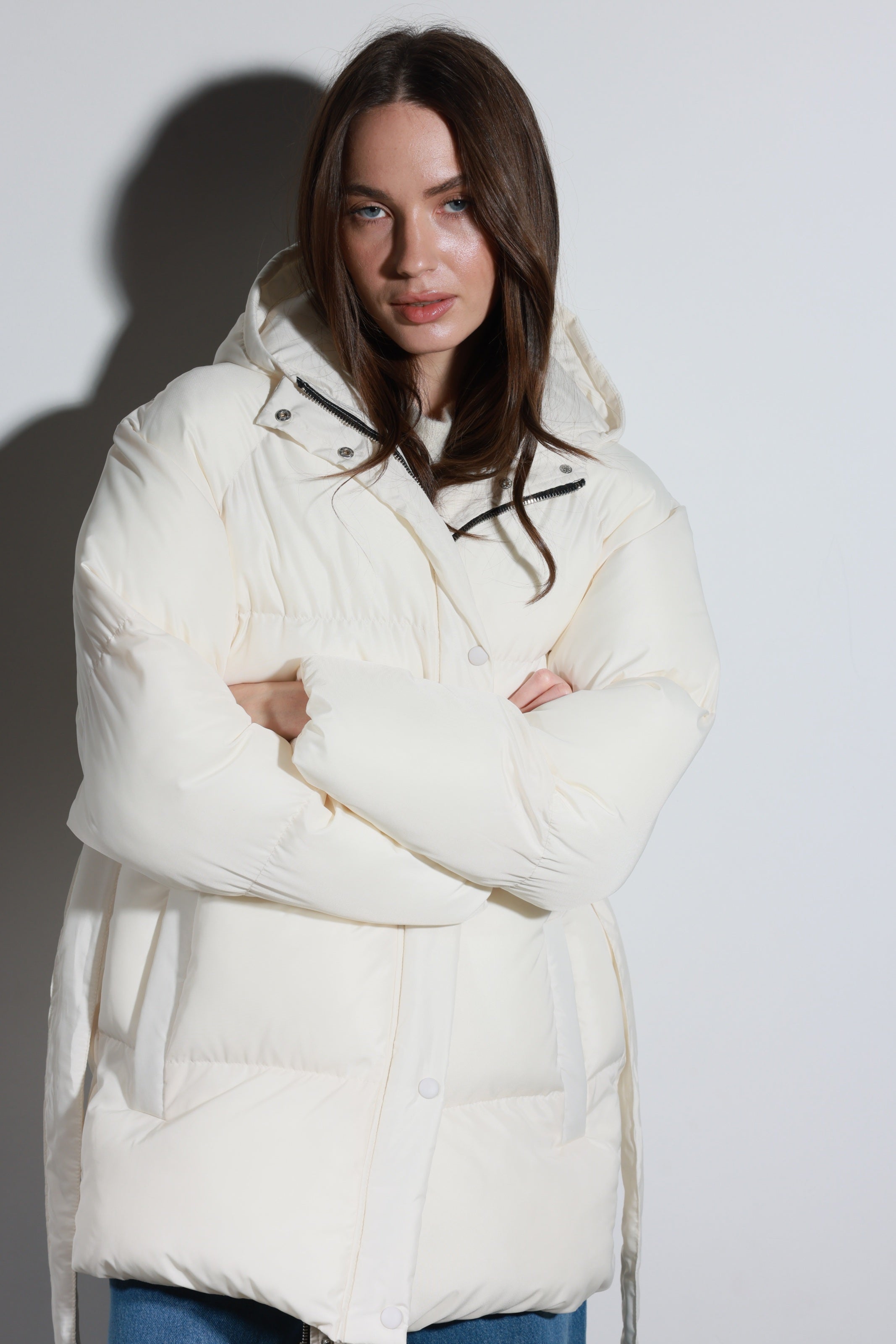 Belted Puffer Jacket Cream