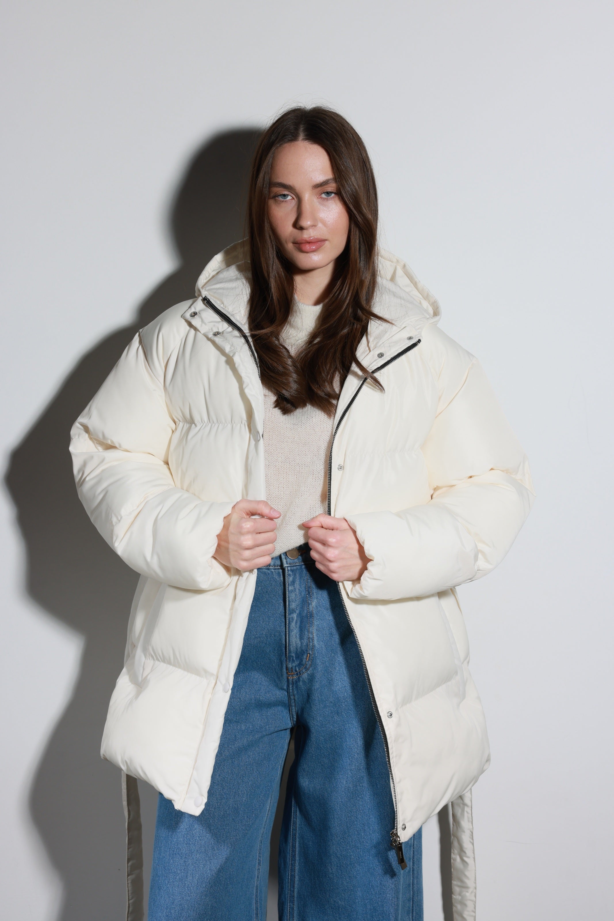 Belted Puffer Jacket Cream