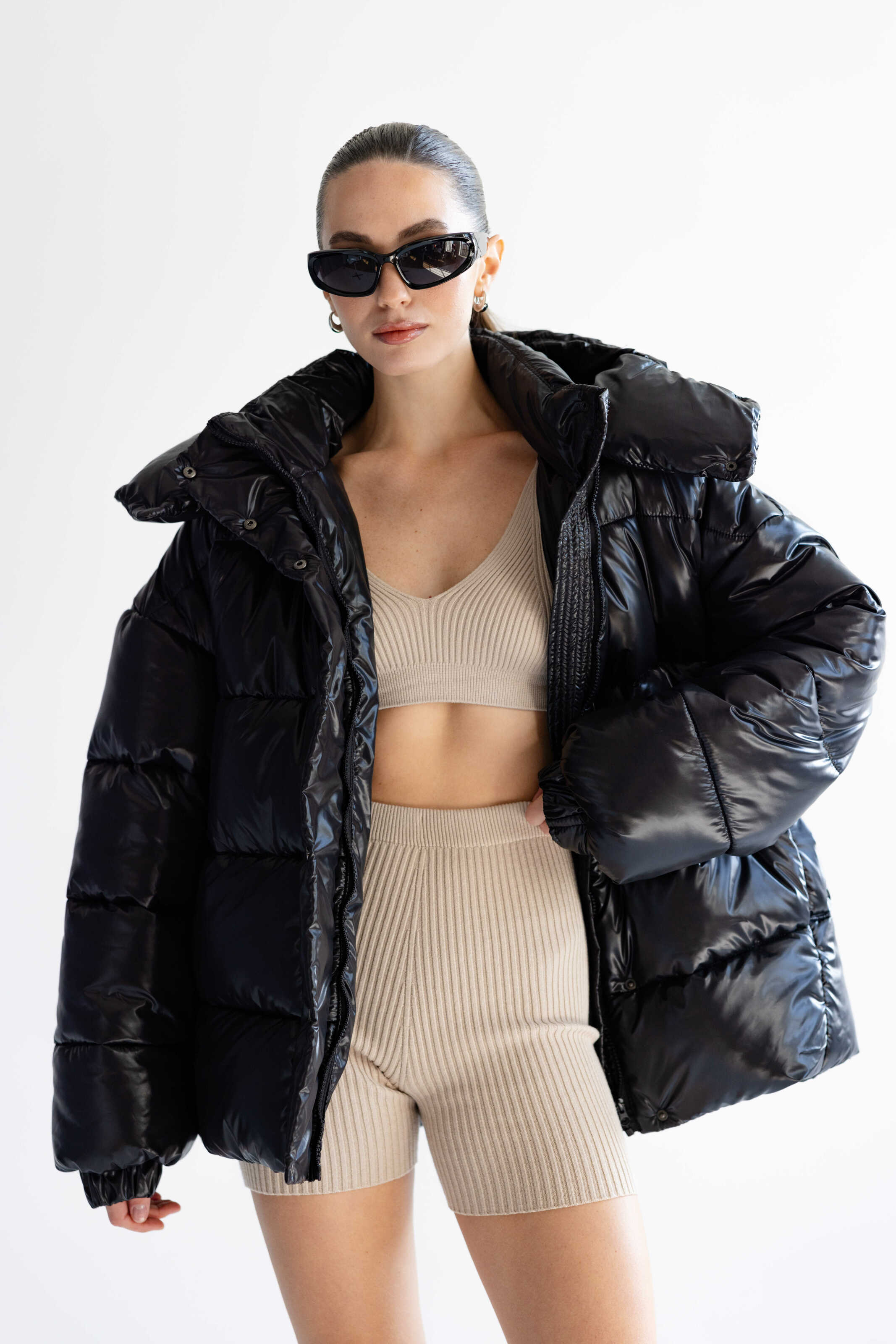 Oversized Puffer Jacket Glossy Black