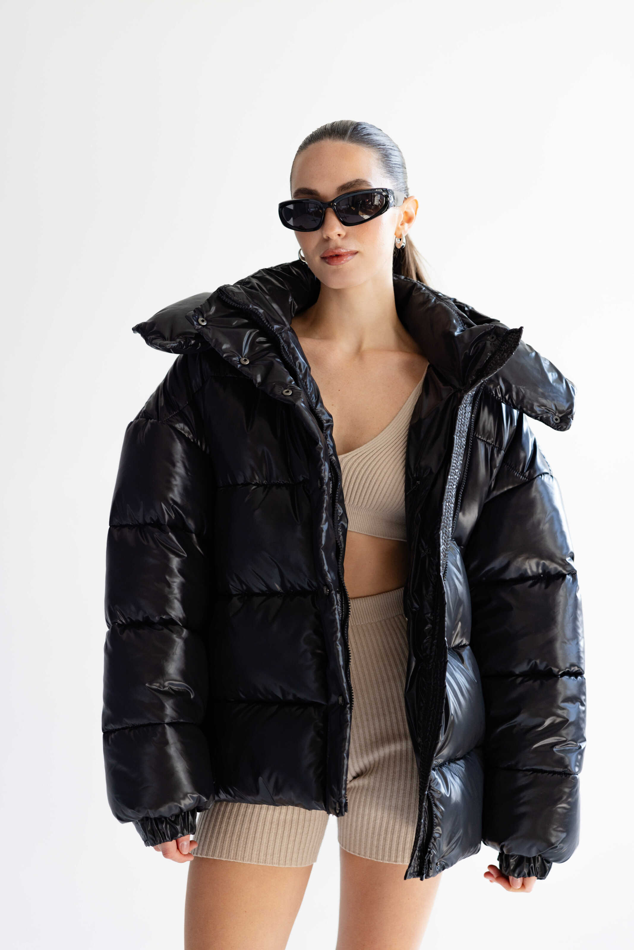Oversized Puffer Jacket Glossy Black