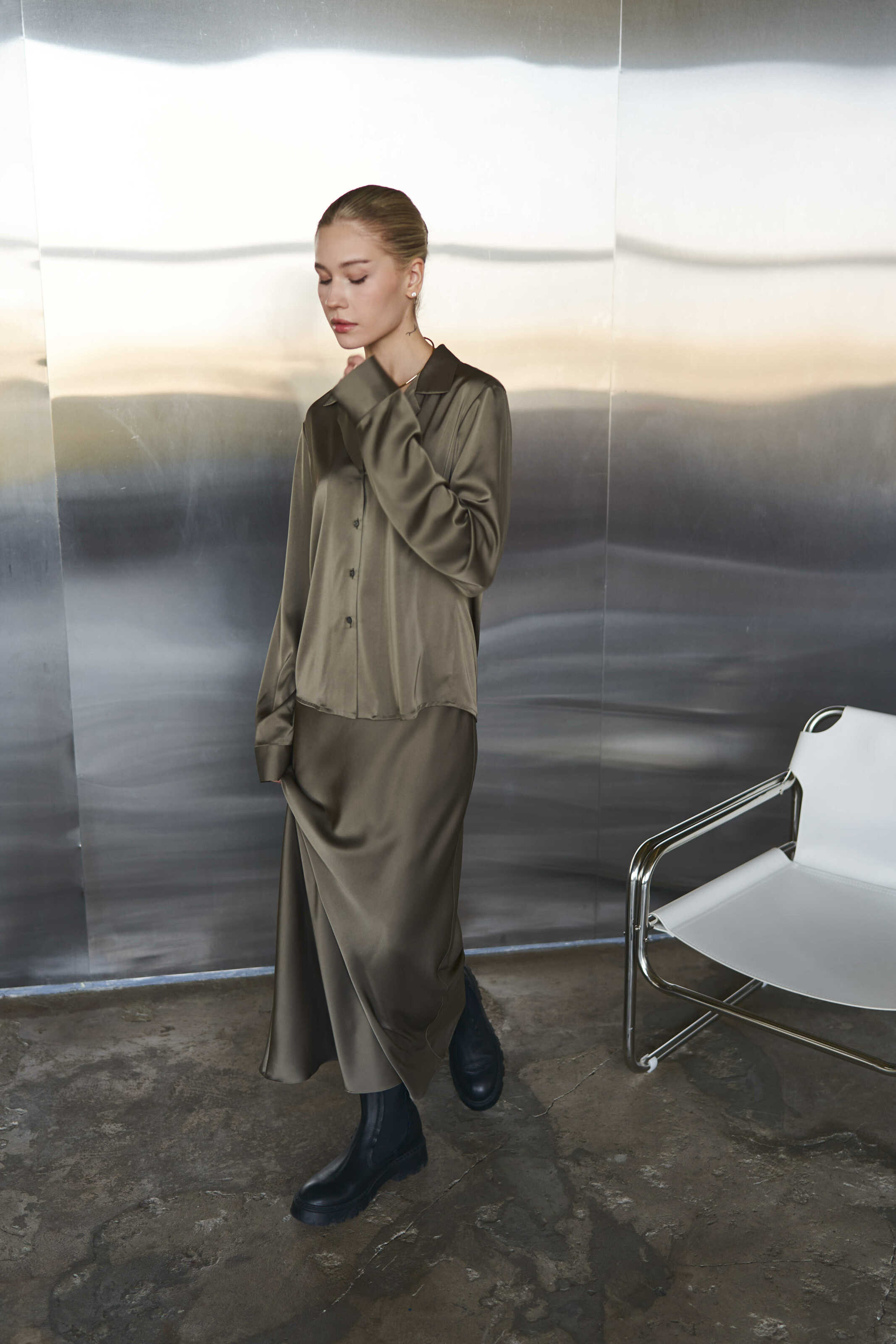 Silk Maxi Skirt Khaki