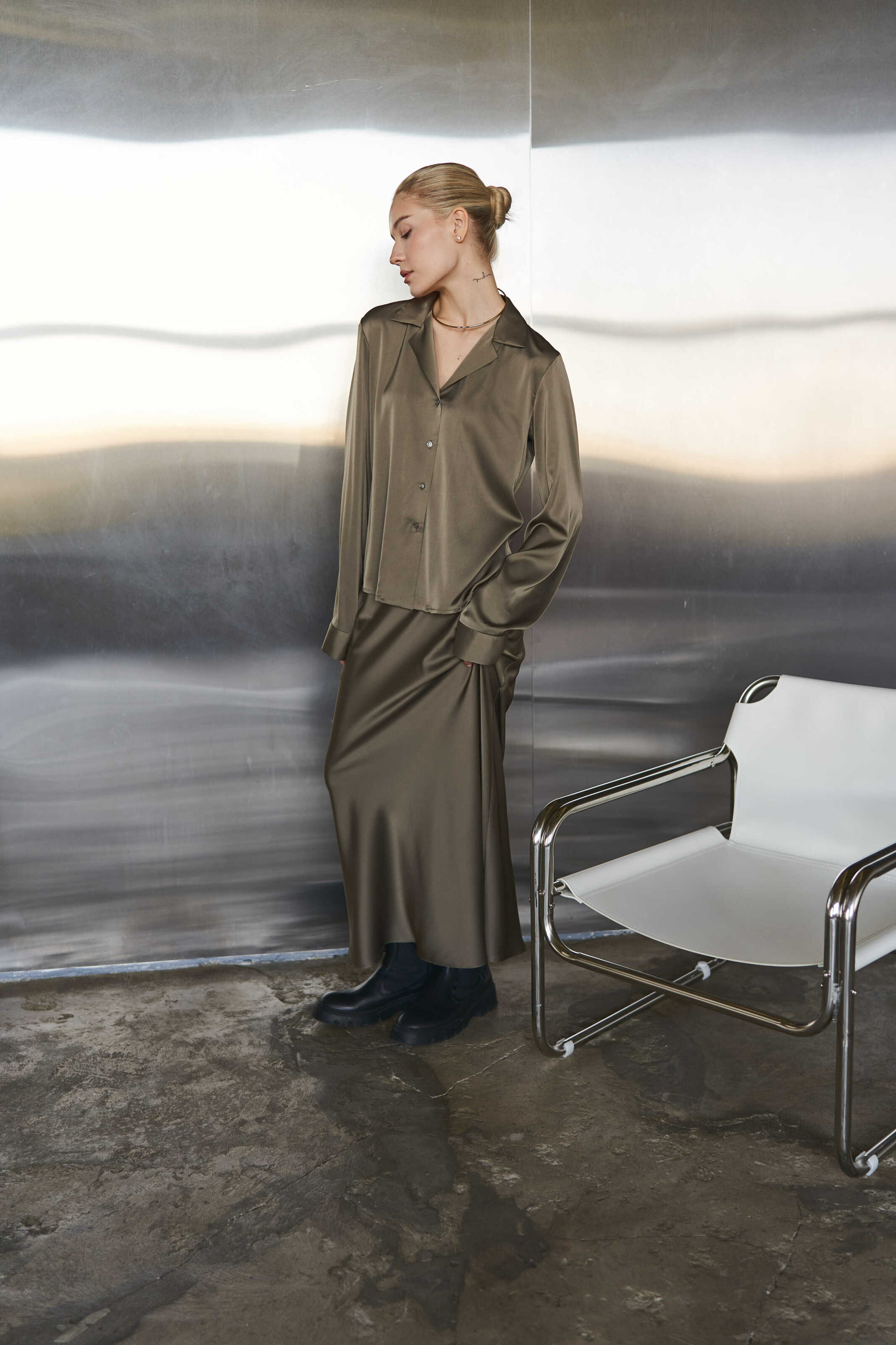 Silk Maxi Skirt Khaki