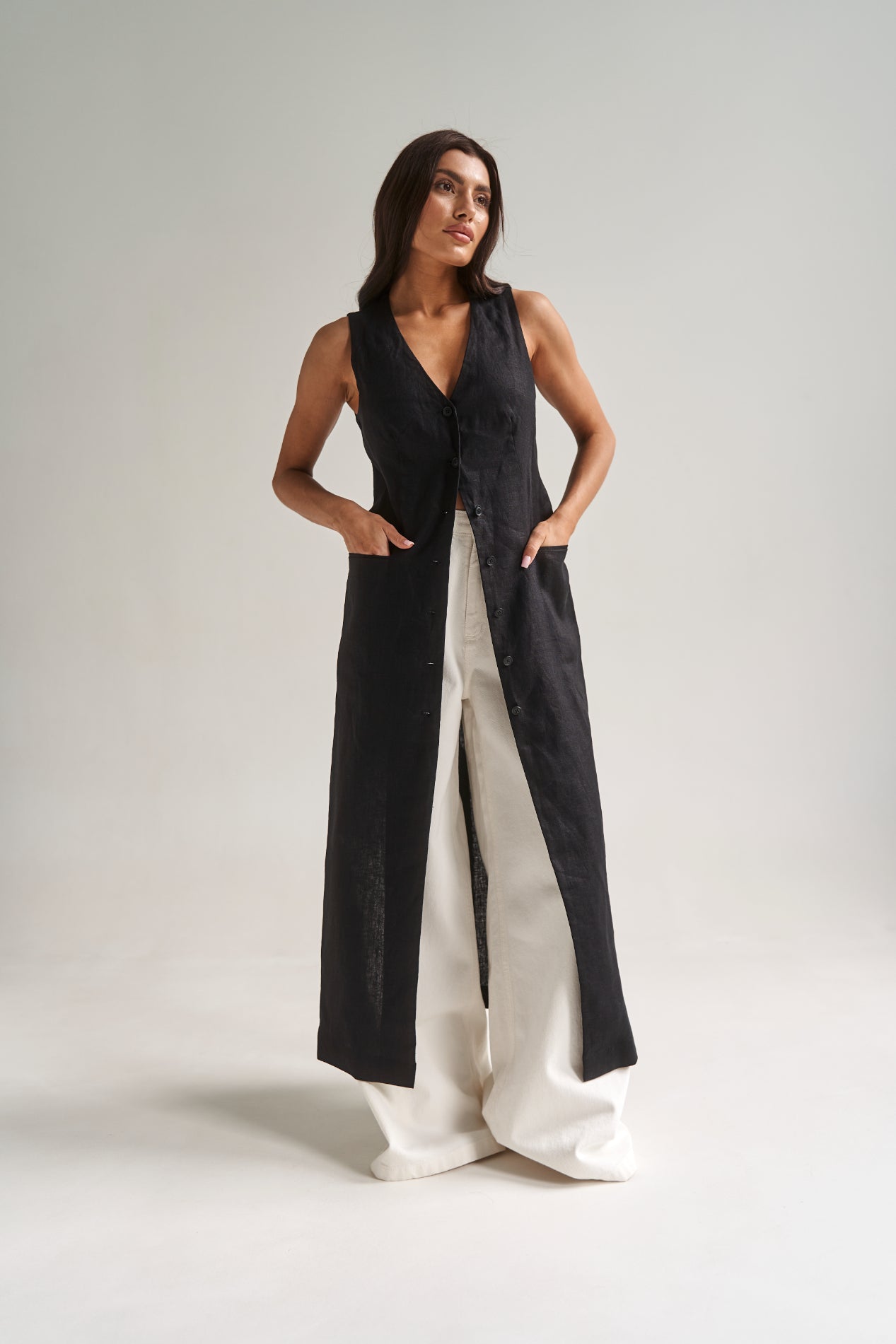Longline Black Linen Vest