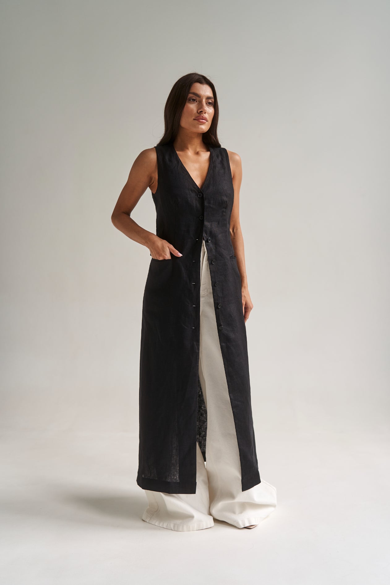 Longline Black Linen Vest