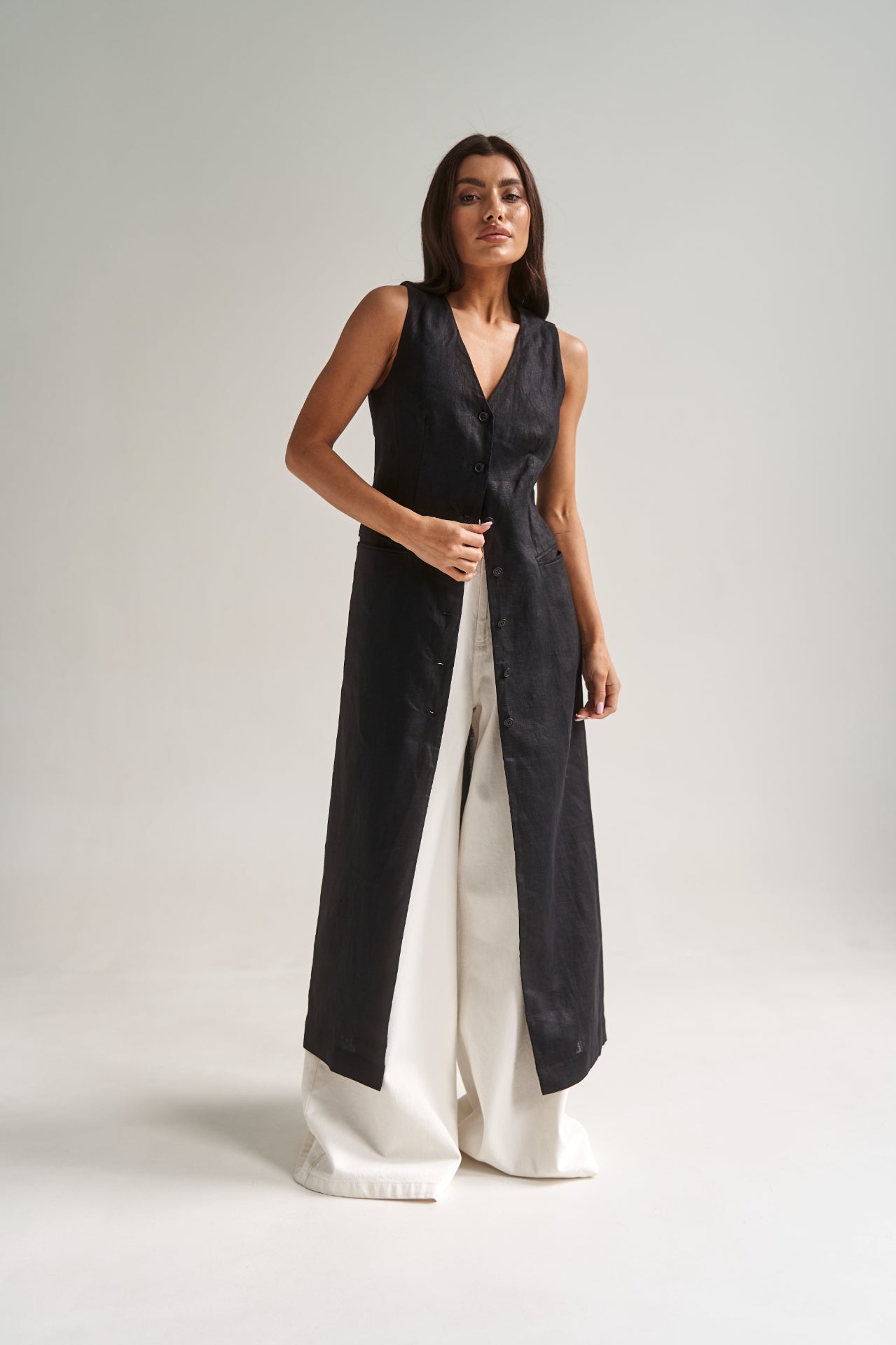 Longline Black Linen Vest