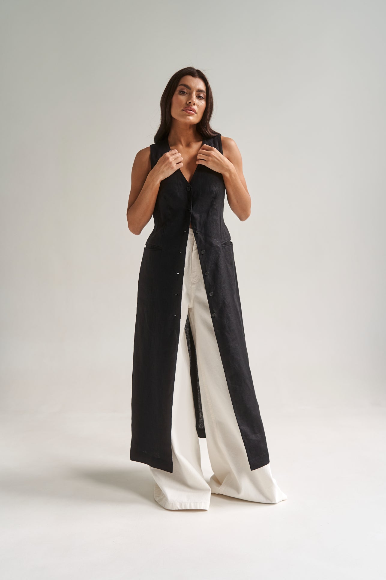 Longline Black Linen Vest