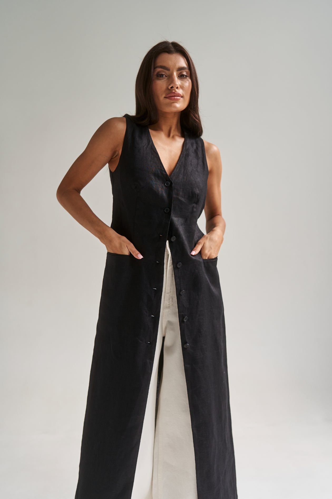 Longline Black Linen Vest
