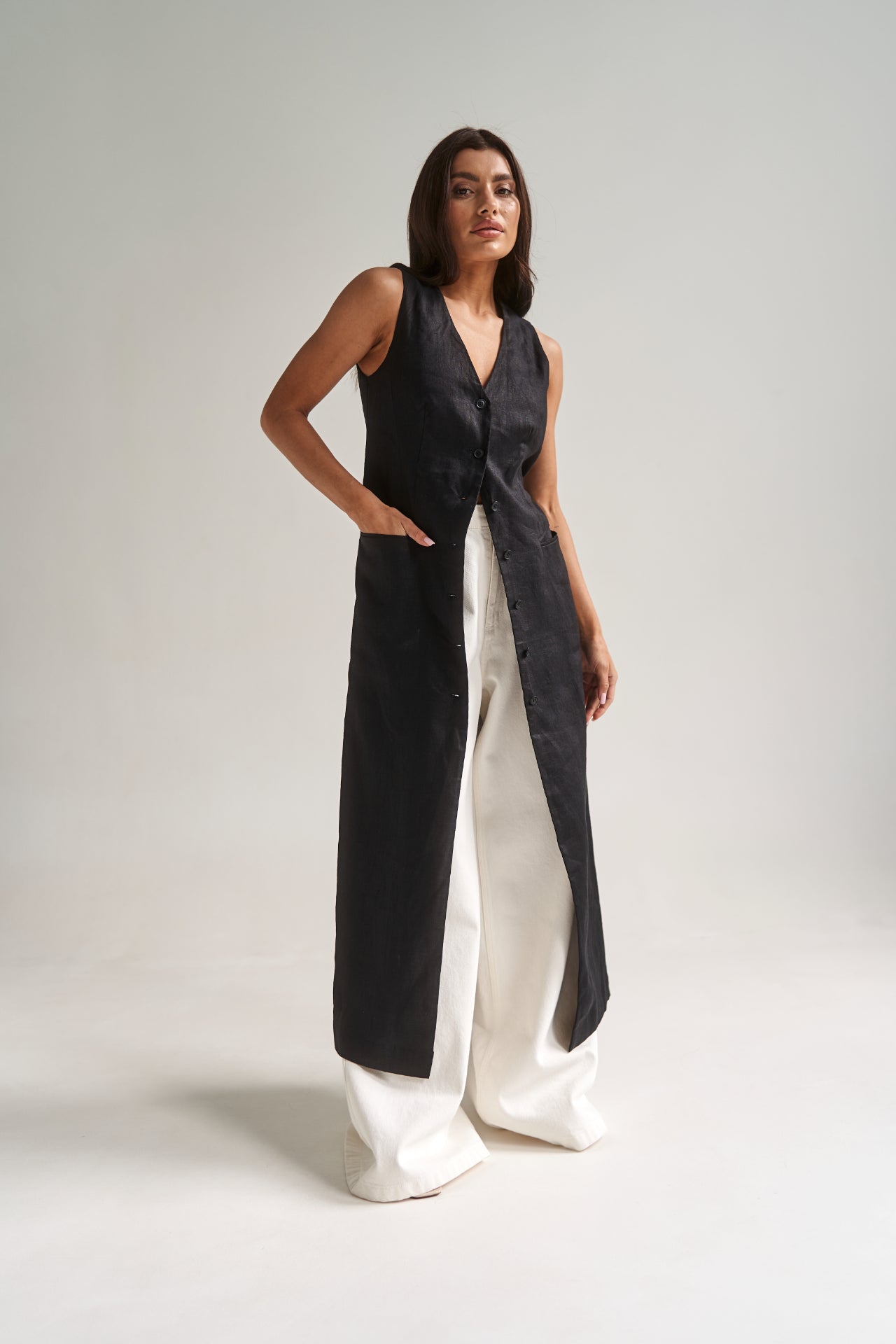 Longline Black Linen Vest