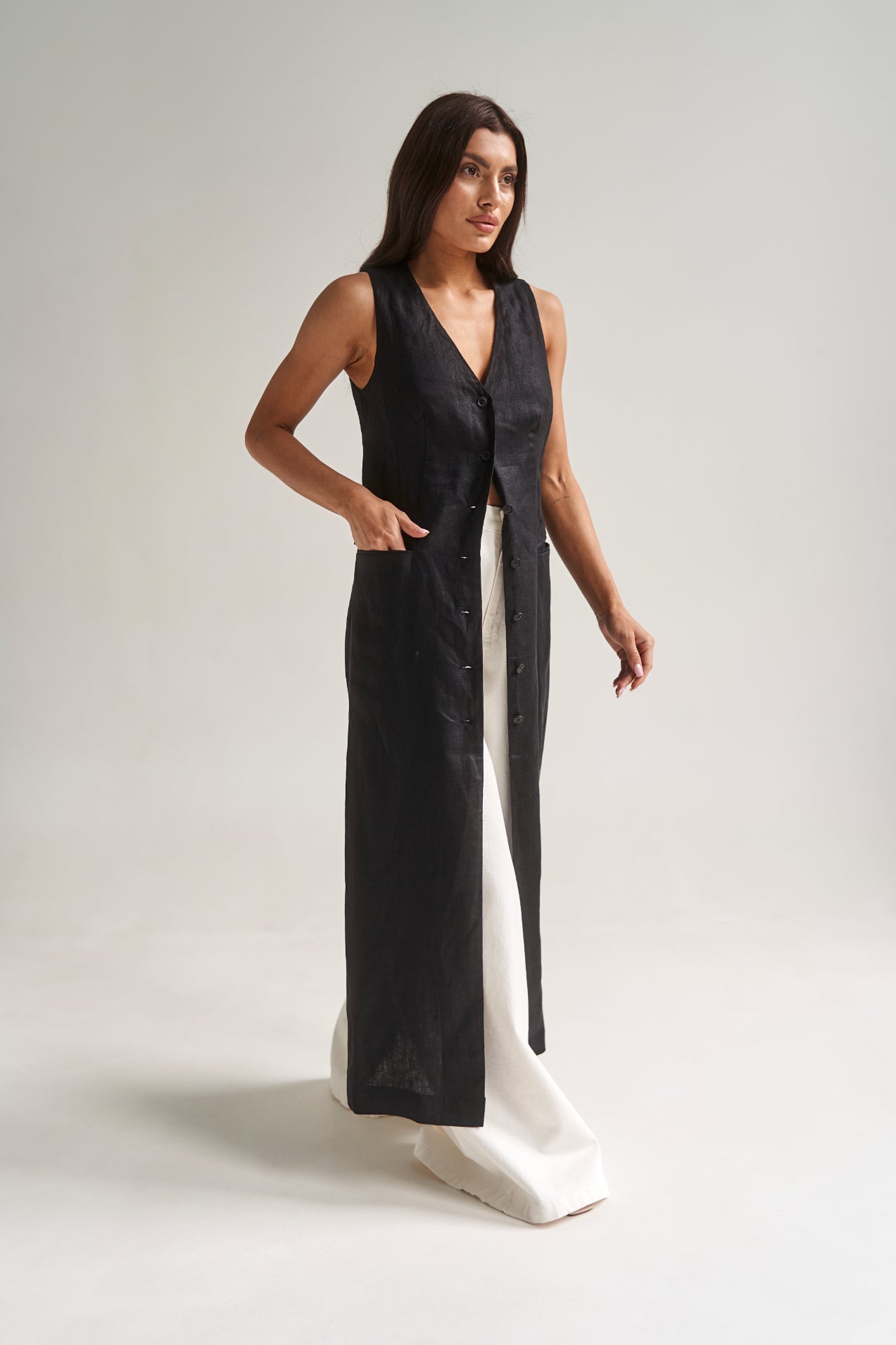 Longline Black Linen Vest