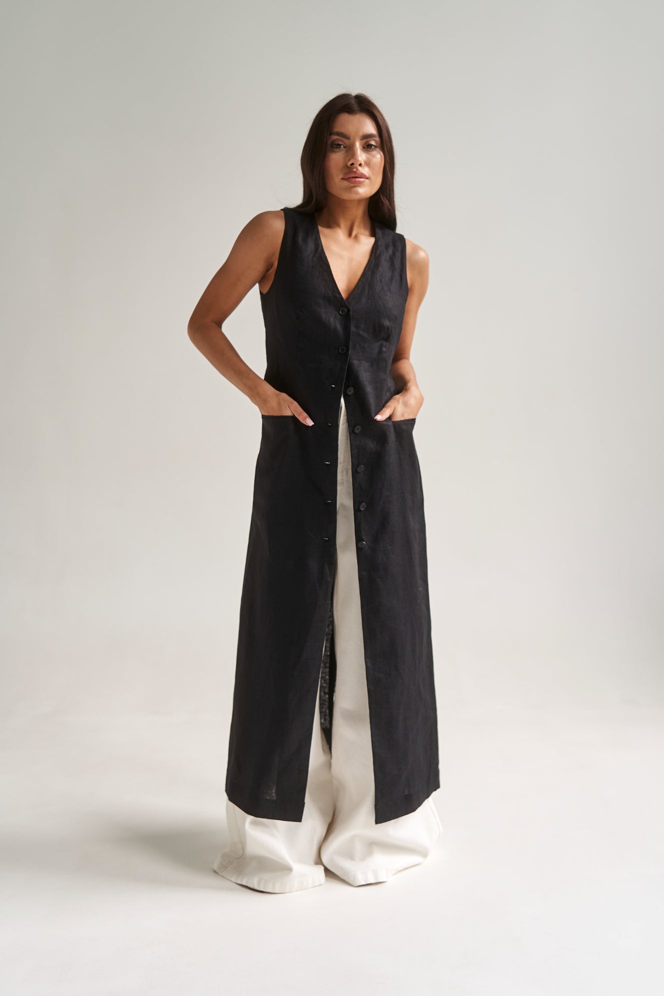 Longline Black Linen Vest