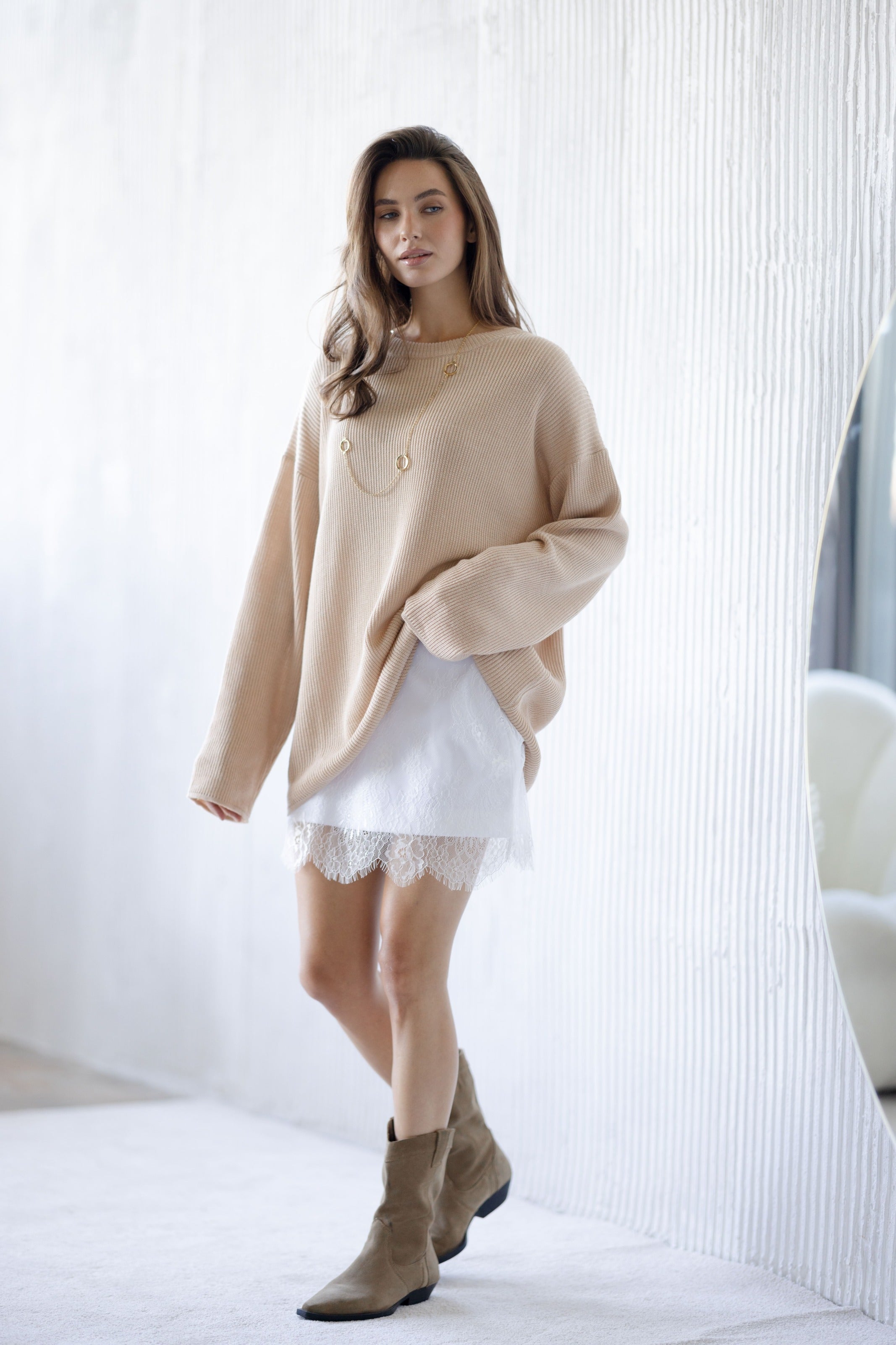 Silk & Lace Mini Skirt White