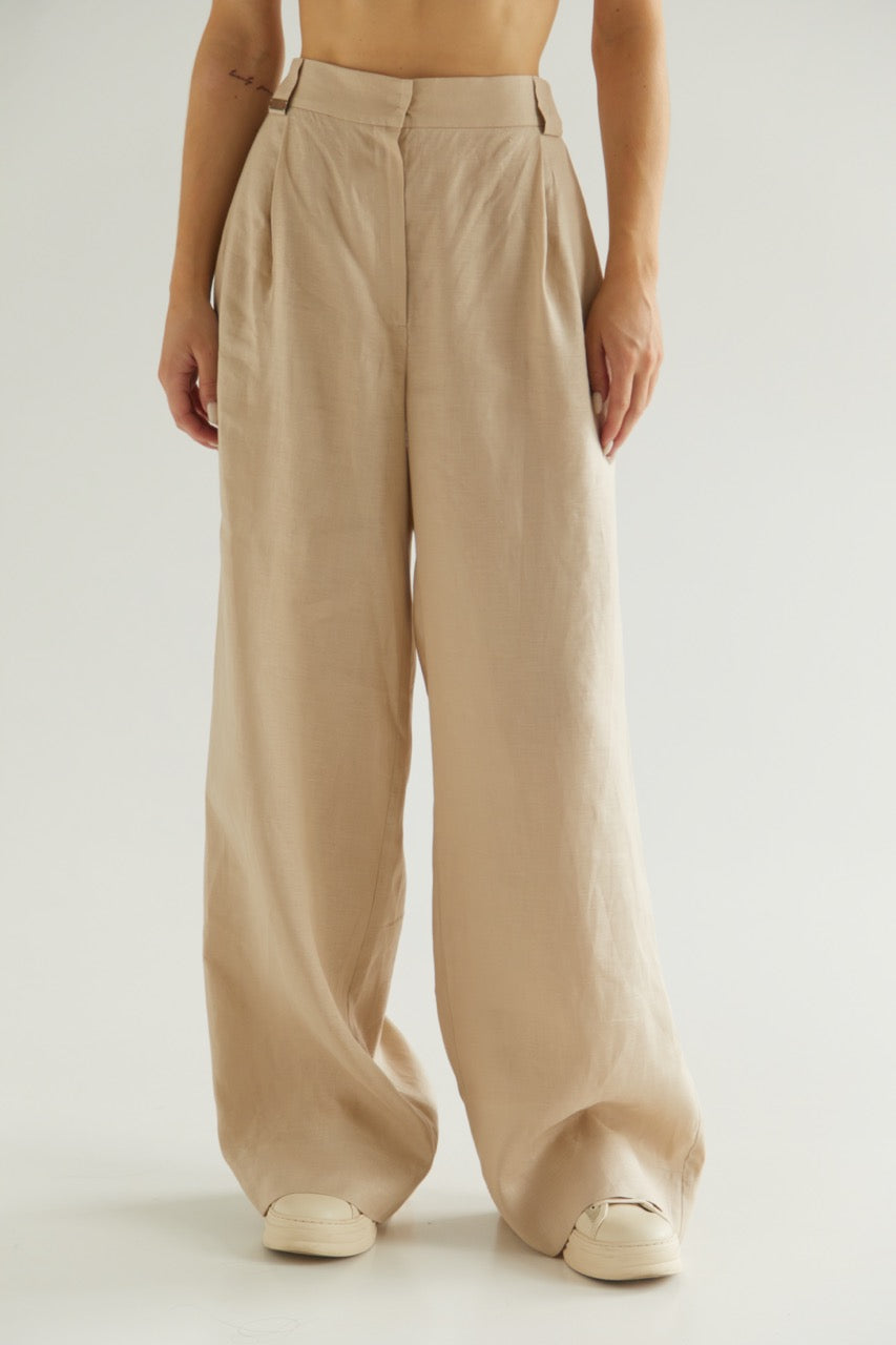 Beige Palazzo Pants Linen